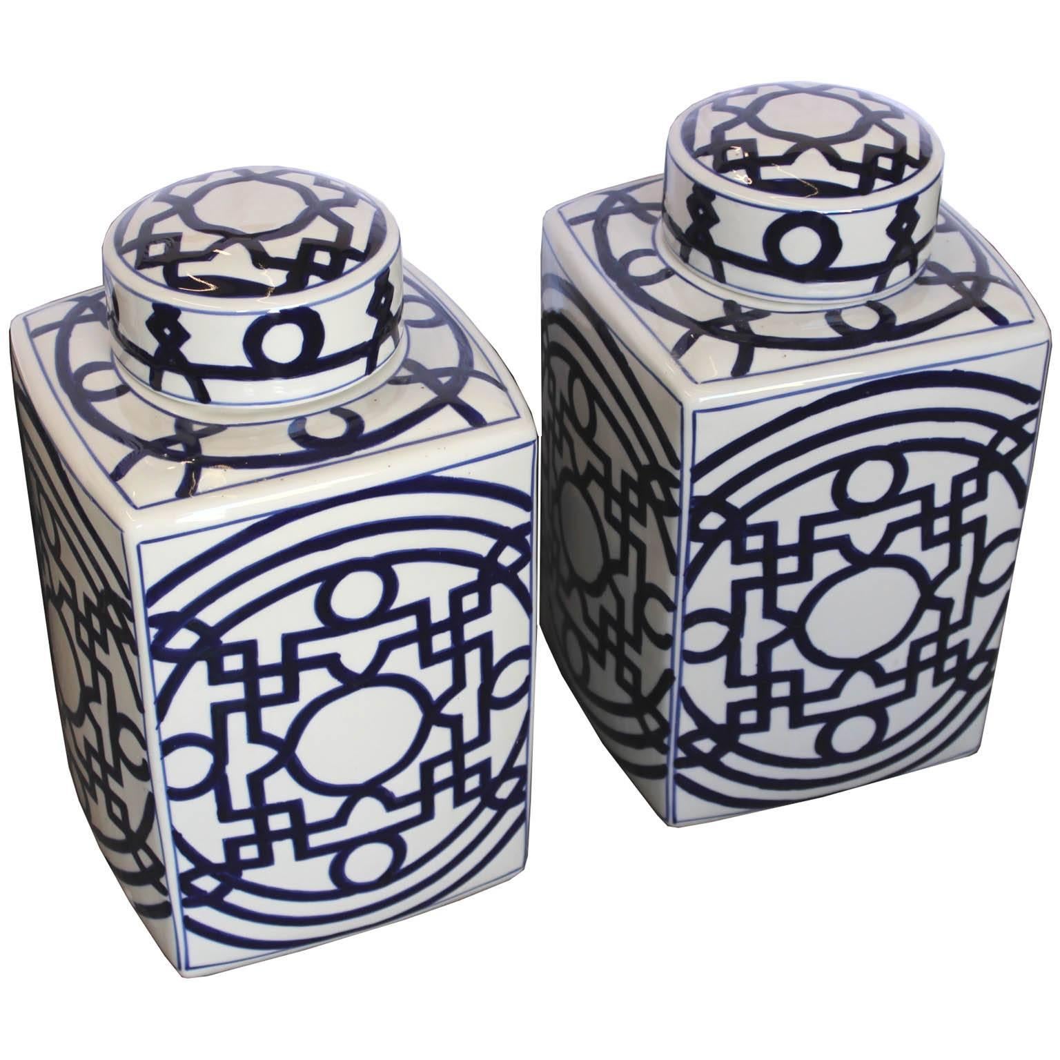 Contemporary blue and white ginger jar with geometric pattern is a fresh looking accessory to place on a sideboard or on top of a tall chest.  Priced and available individually.