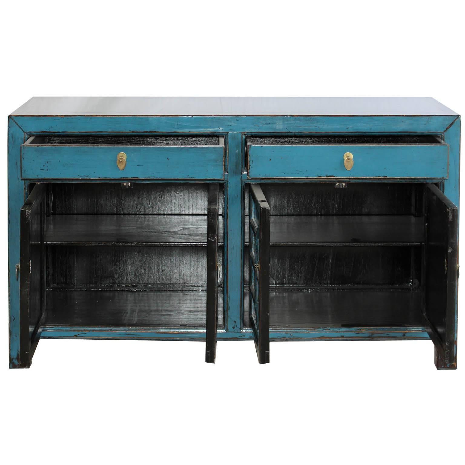 Chinese Blue Sideboard With Decorative Doors
