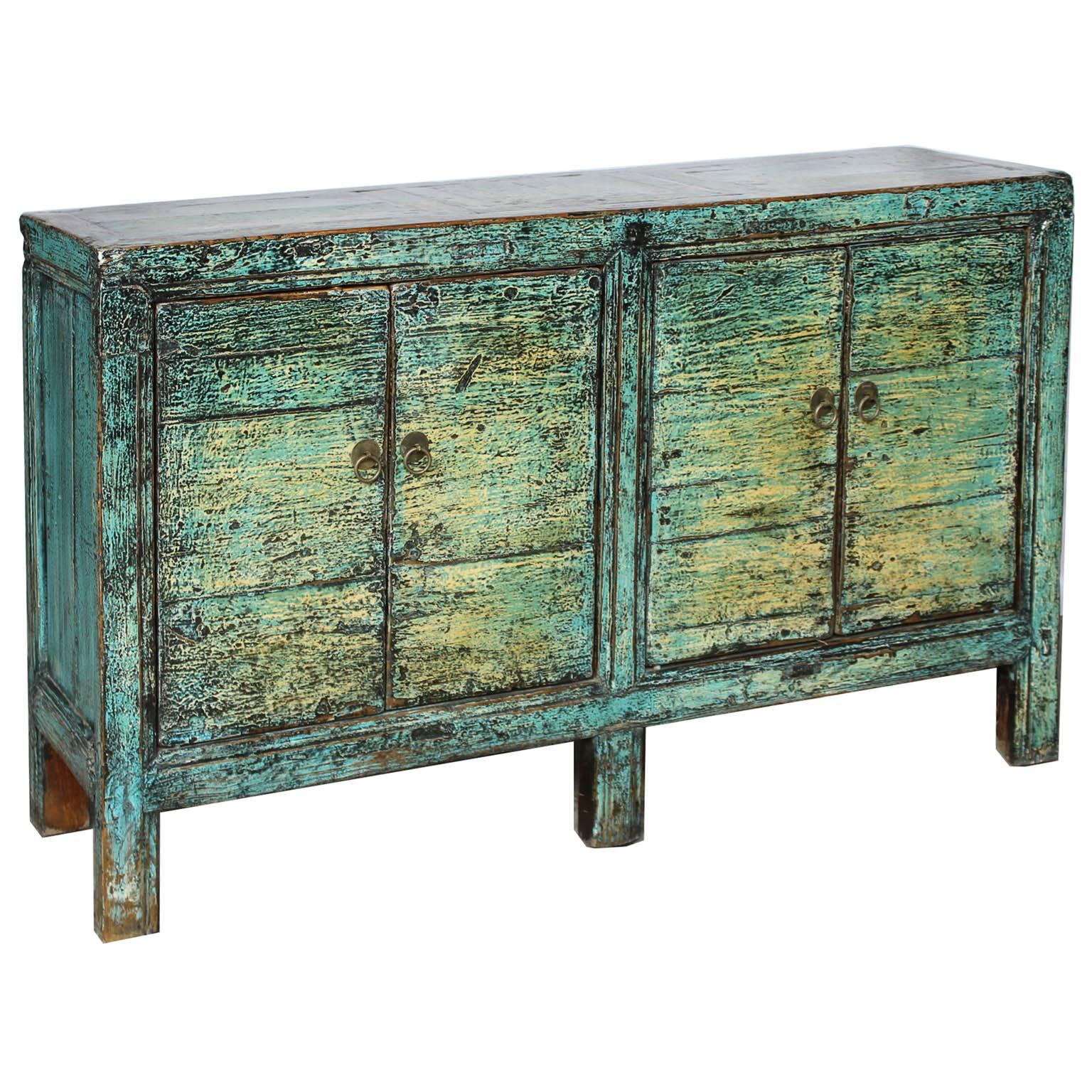 Hand-painted blueish green lacquer sideboard with four doors with exposed wood edges. New interior shelf and hardware, China, circa 1900s.