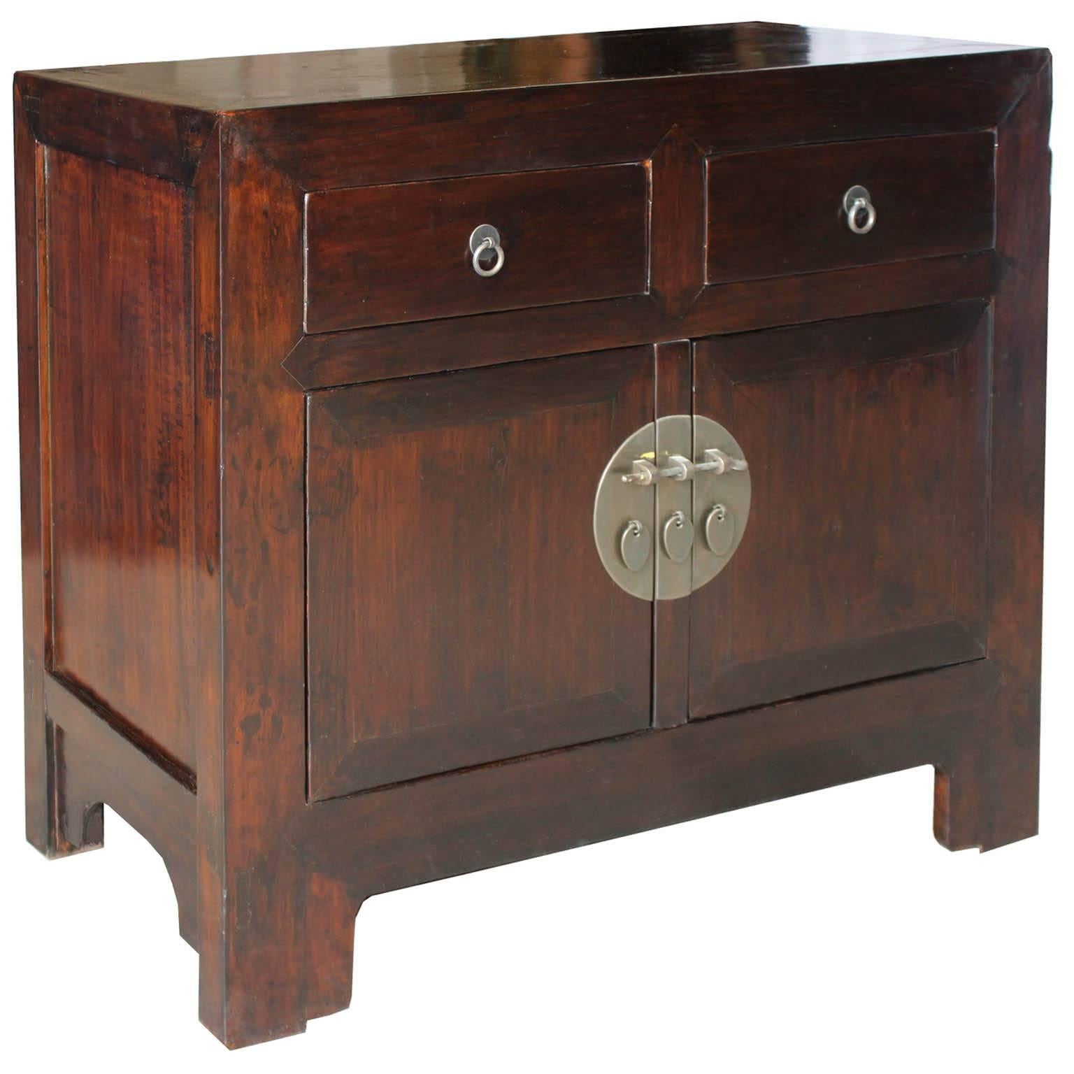 Two-door elm side chest with straight bottom skirt. New hardware. Beijing, China, circa 1900. Some wear.