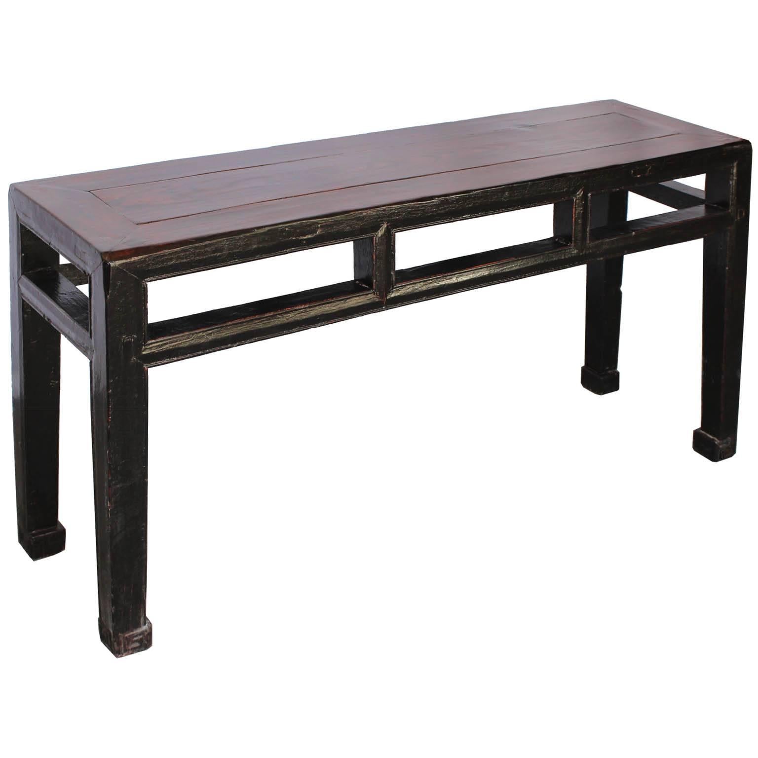 Two-toned elm bench with beautiful elm grain wood top, support bars and scroll feet can be used as a coffee table or as a bench for extra seating, China, circa 1920s.