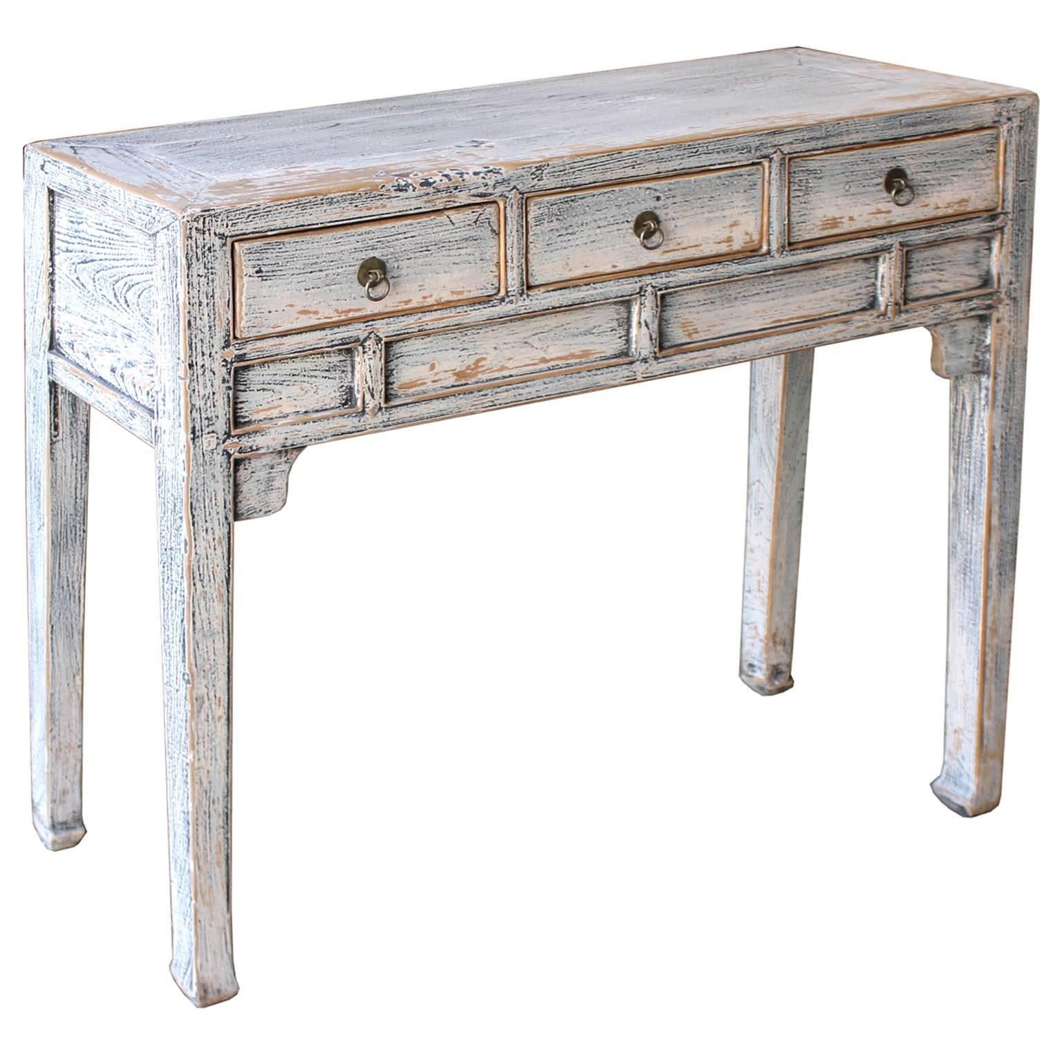 Hand-finished blue dry finish with elegant horse hoof-style feet gives this console table a fresh look for a contemporary living space. New hardware. Shandong, China, circa 1900s.