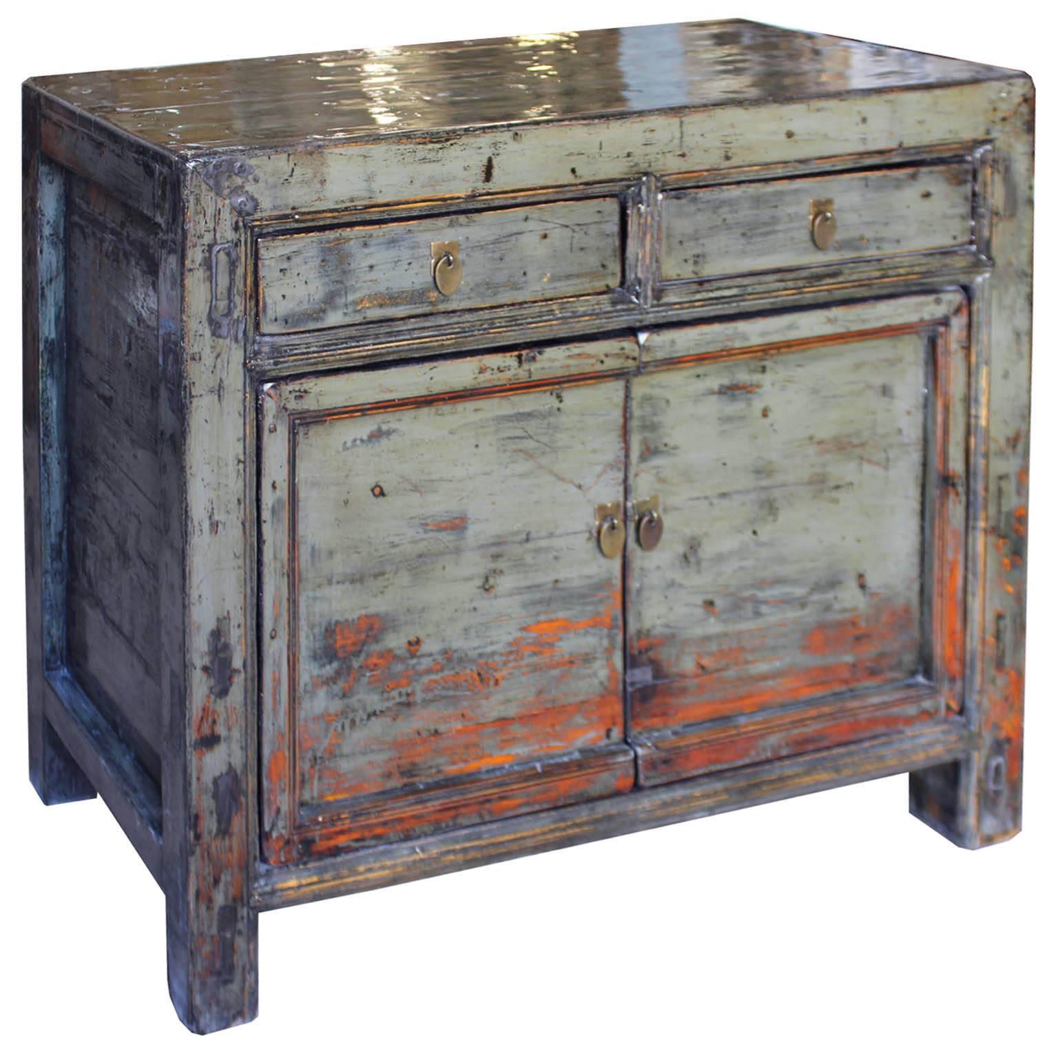 Gray lacquered chest with clean lines and orange highlights on the doors would make a statement at the end of a hallway or small entry way, Gansu, China. New hardware.