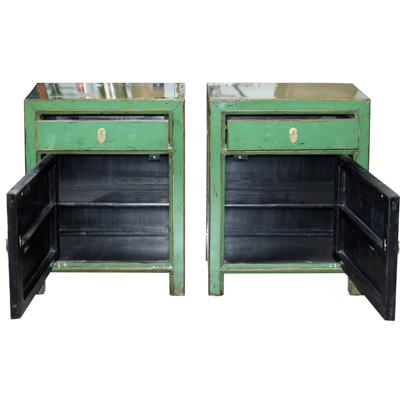 Green hand-lacquered side chest with one drawer has clean contemporary lines. Perfect for the bedroom or living room.