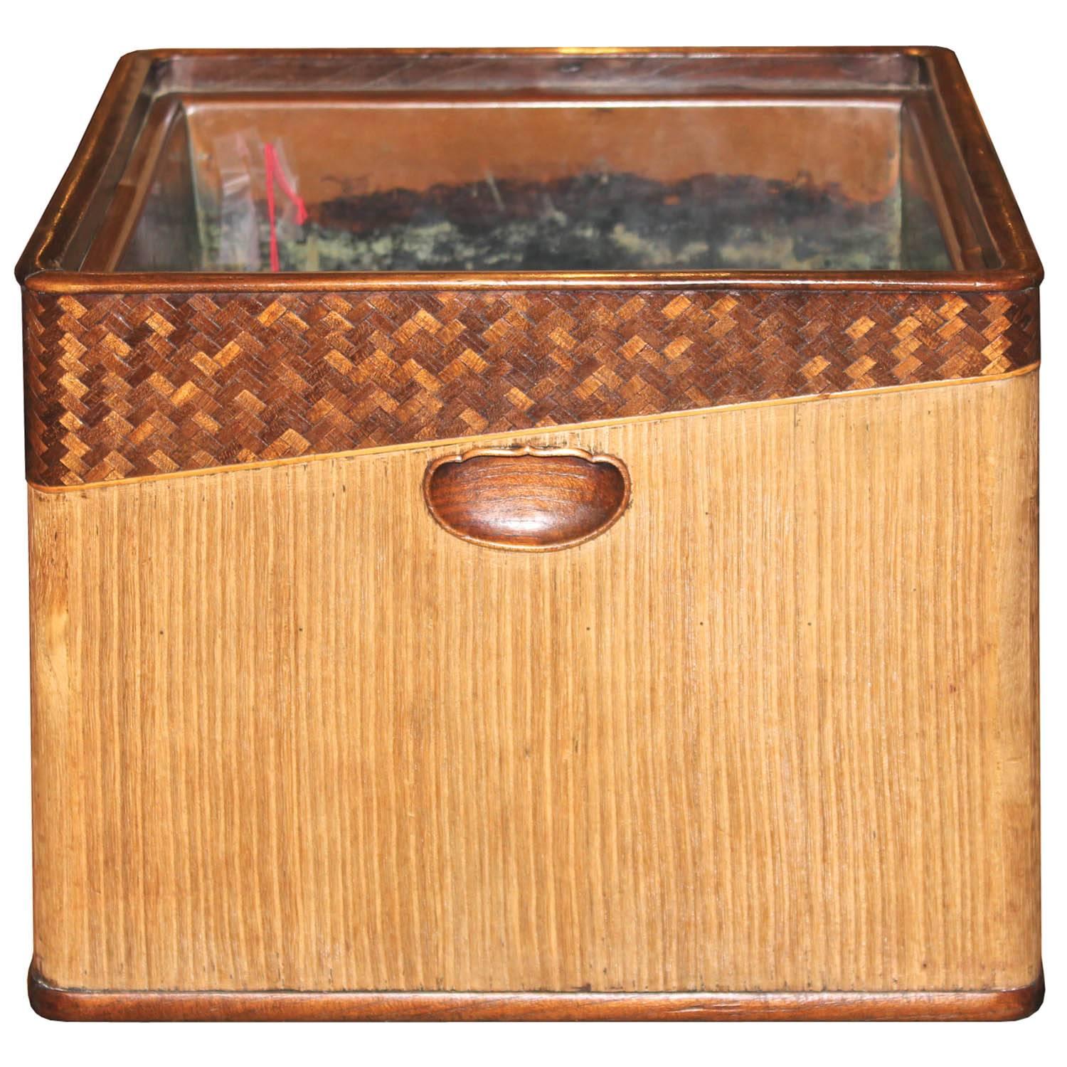 Elegant square kiriwood hibachi (handwarmer) with handwoven bamboo and mulberry wood burl on top and lined with copper from Kyoto, Japan. Hibachi was originally used to warm hands in cold rooms because there was no central heating in Japan. Perfect