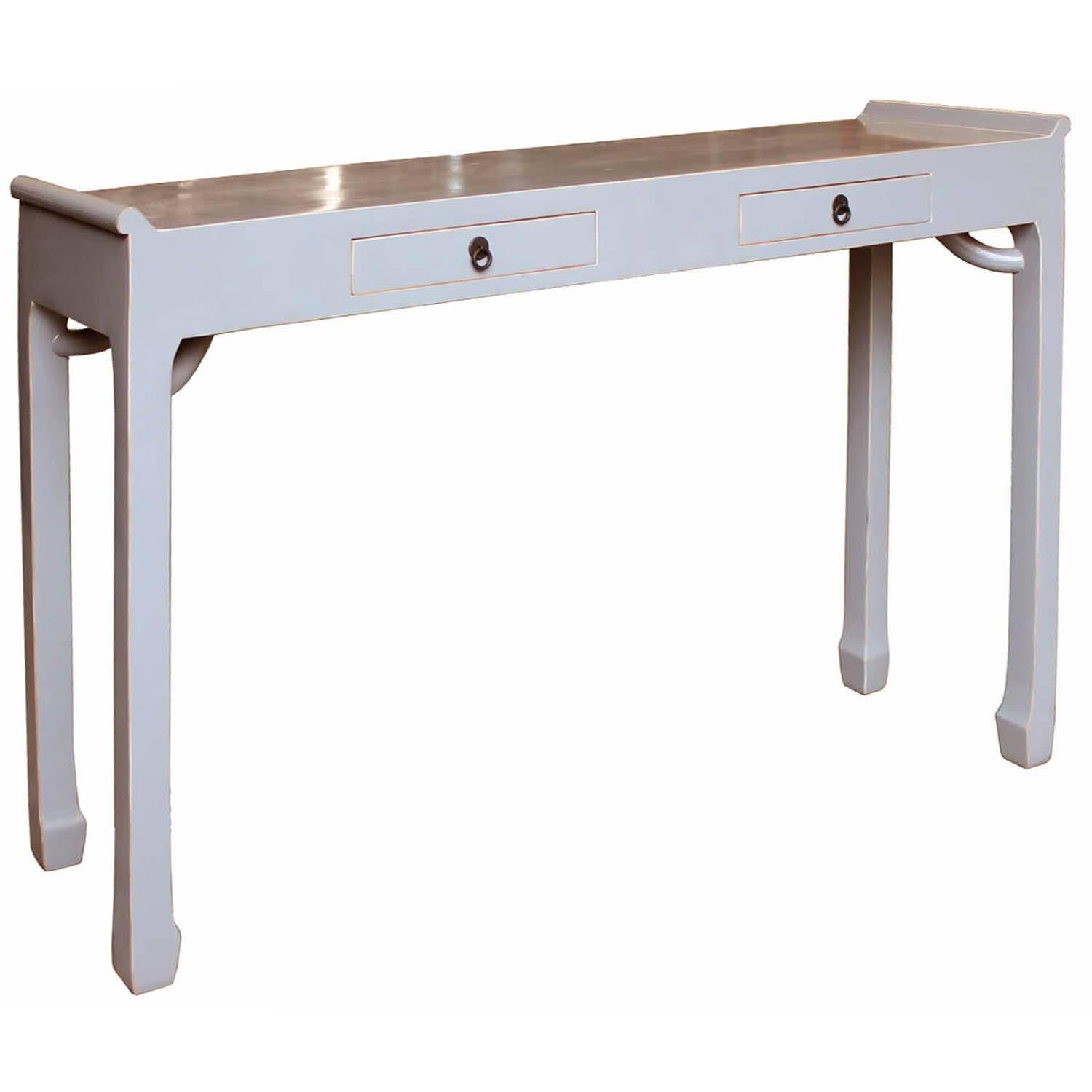 Contemporary two-drawer gray lacquer console table with curved arm braces below the top surface and elegant horse hoof-style feet. Use behind a sofa, in an entryway or at the end of a hallway.