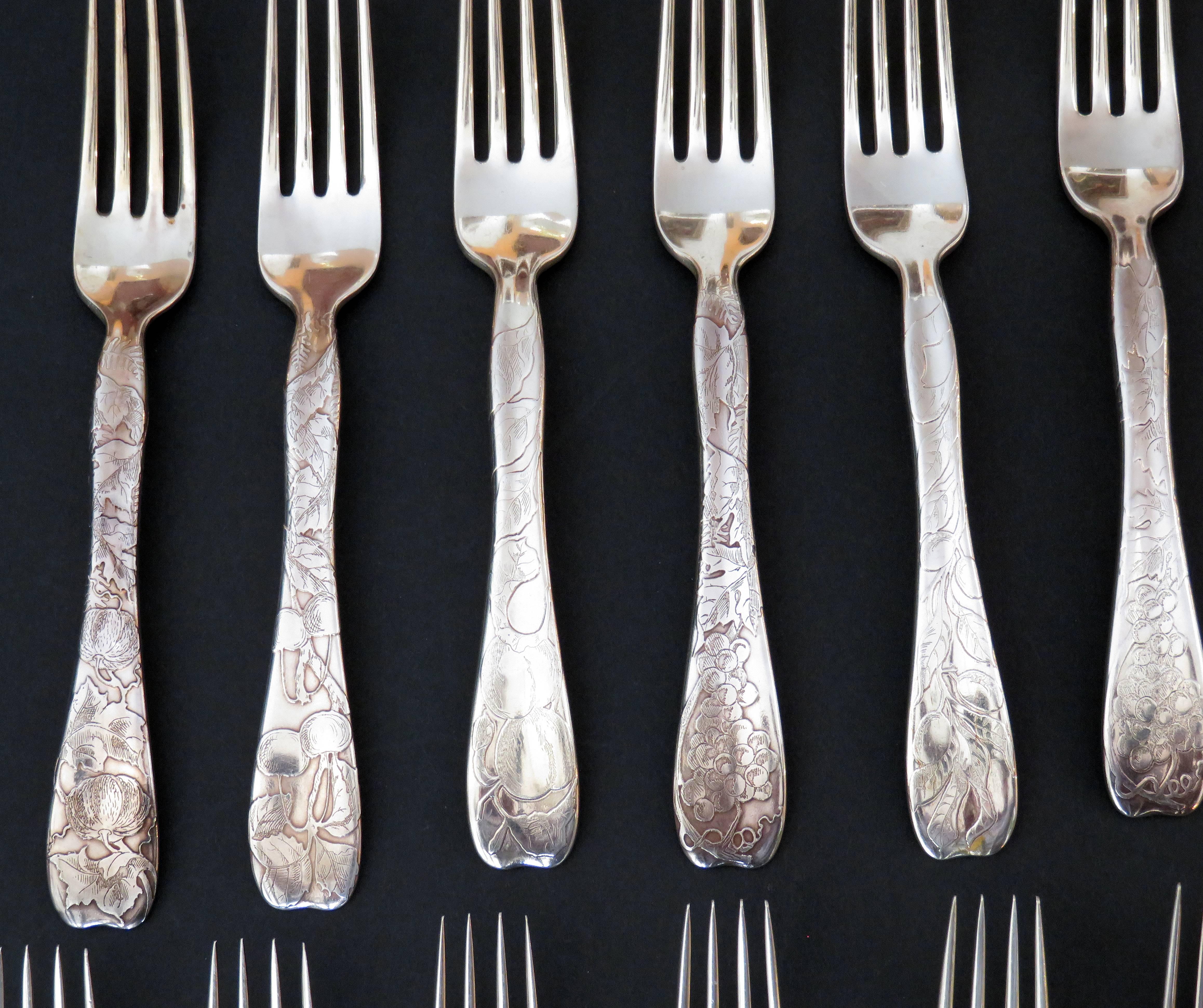 Japonisme Tiffany & Co. Lap over Edge Acid Etched Lunch Forks, circa 1880 For Sale