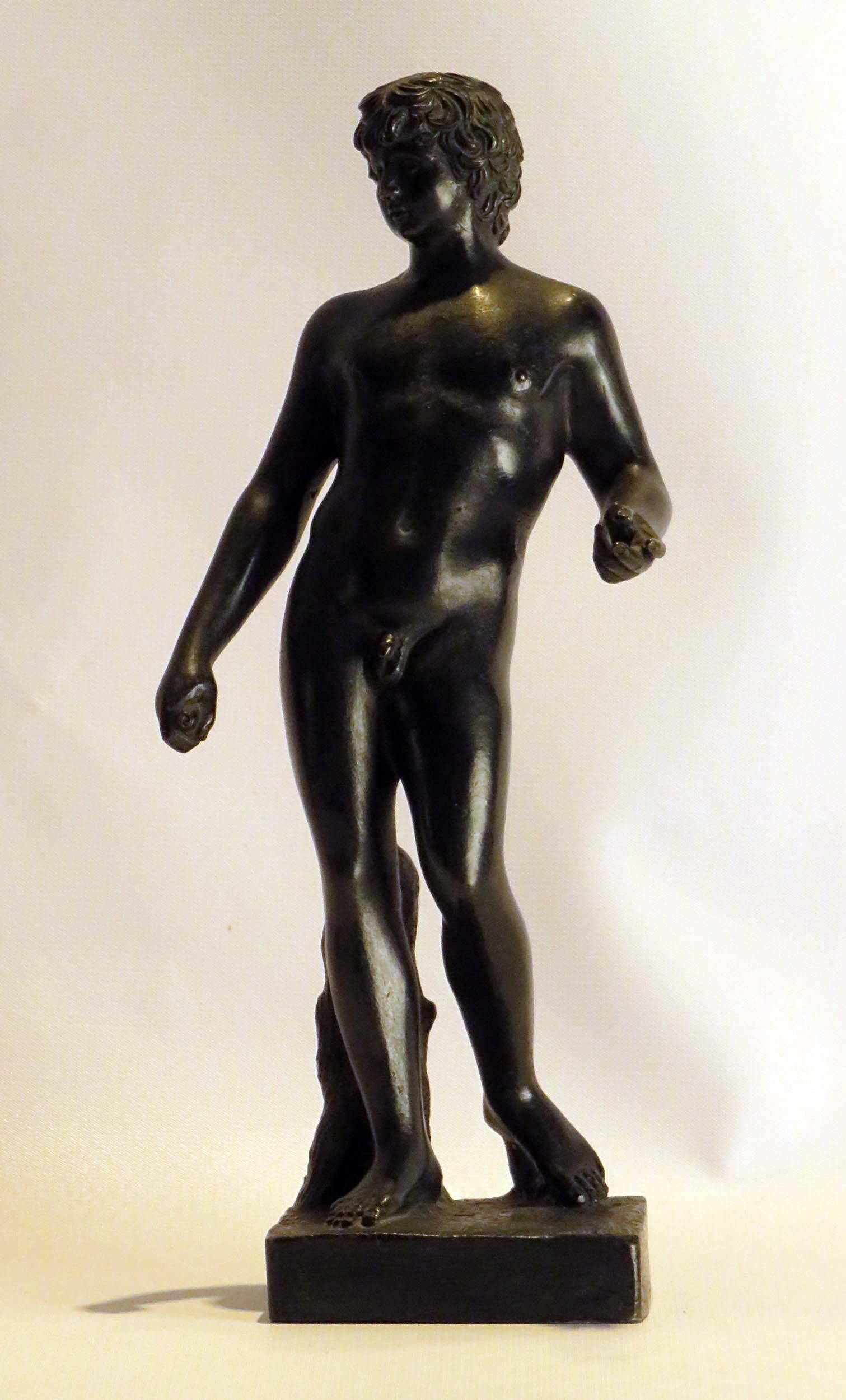 This well cast figure of a young man is thought to be a representation of Antinous. The historical Antinous was a companion of the Emperor Hadrian, circa 1st century AD. There is a fair amount of lore about him. Hadrian had him elevated to the