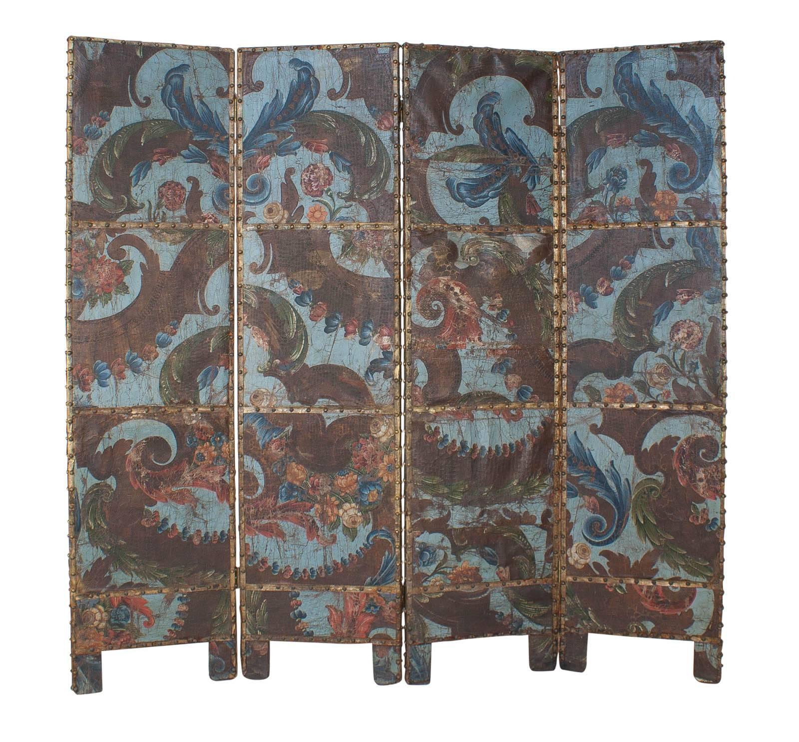 Baroque Spanish Blue Embossed, Gilt and Painted Leather Screen, circa 1700 1