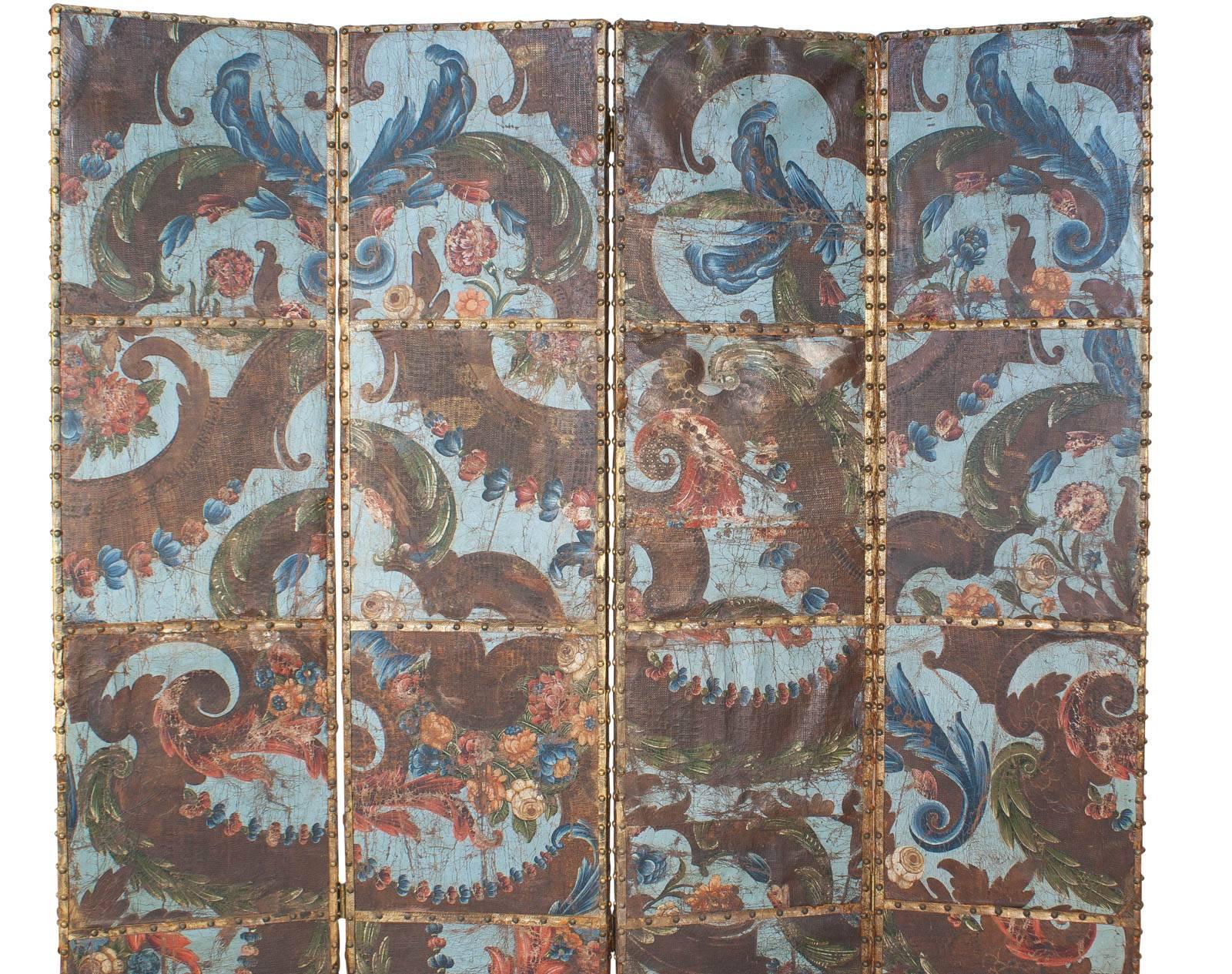 Early 18th Century Baroque Spanish Blue Embossed, Gilt and Painted Leather Screen, circa 1700