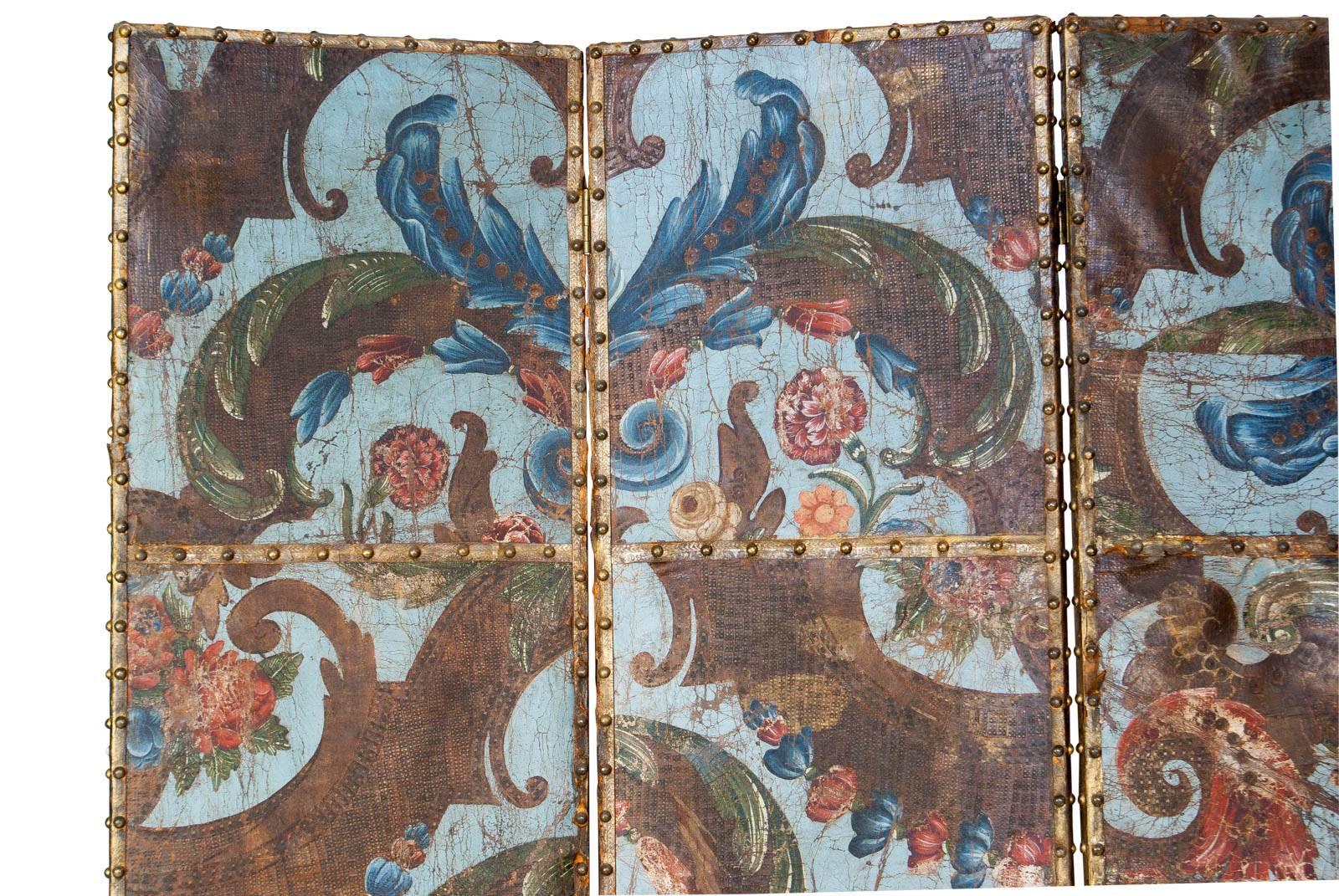 Metal Baroque Spanish Blue Embossed, Gilt and Painted Leather Screen, circa 1700