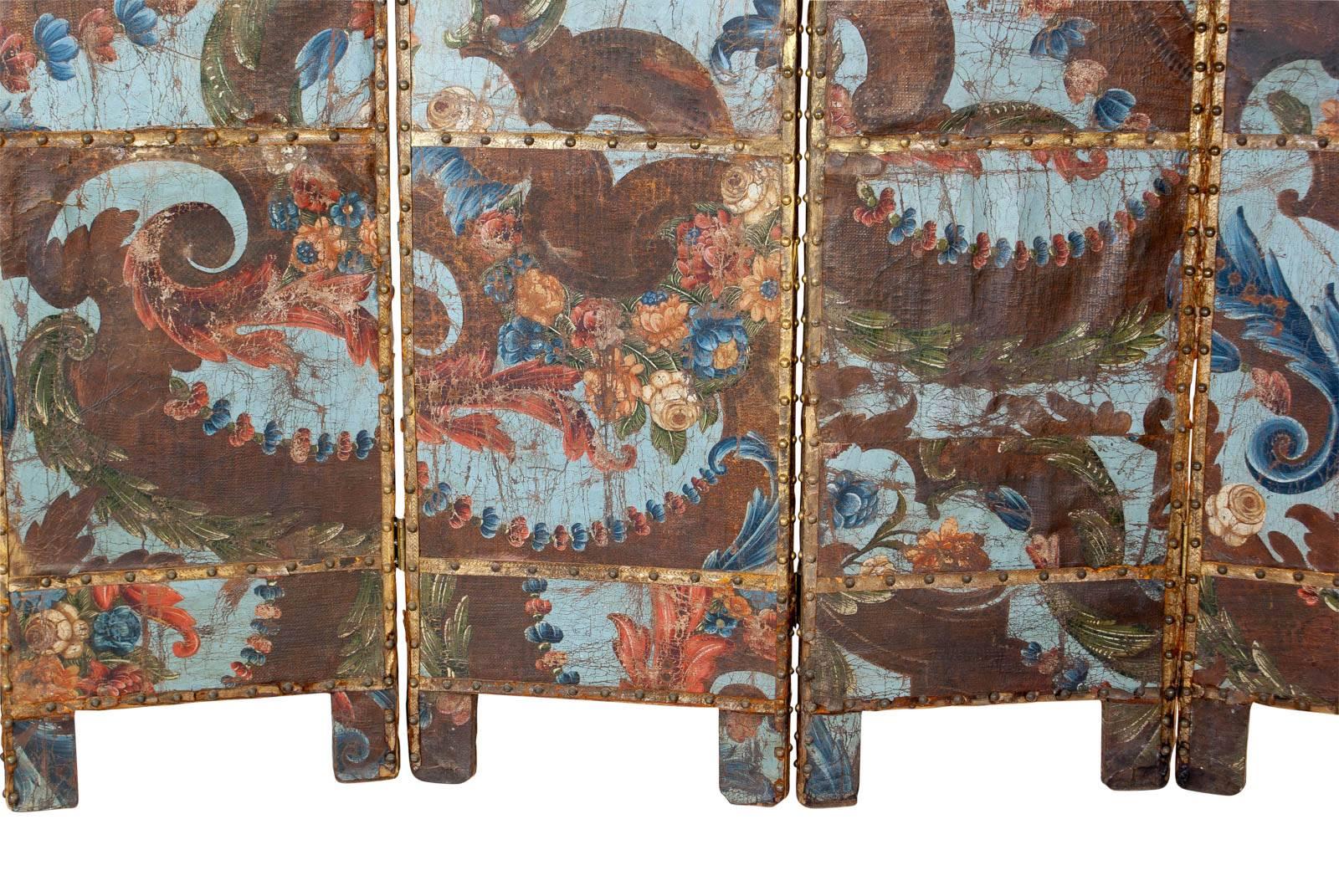 Baroque Spanish Blue Embossed, Gilt and Painted Leather Screen, circa 1700 2