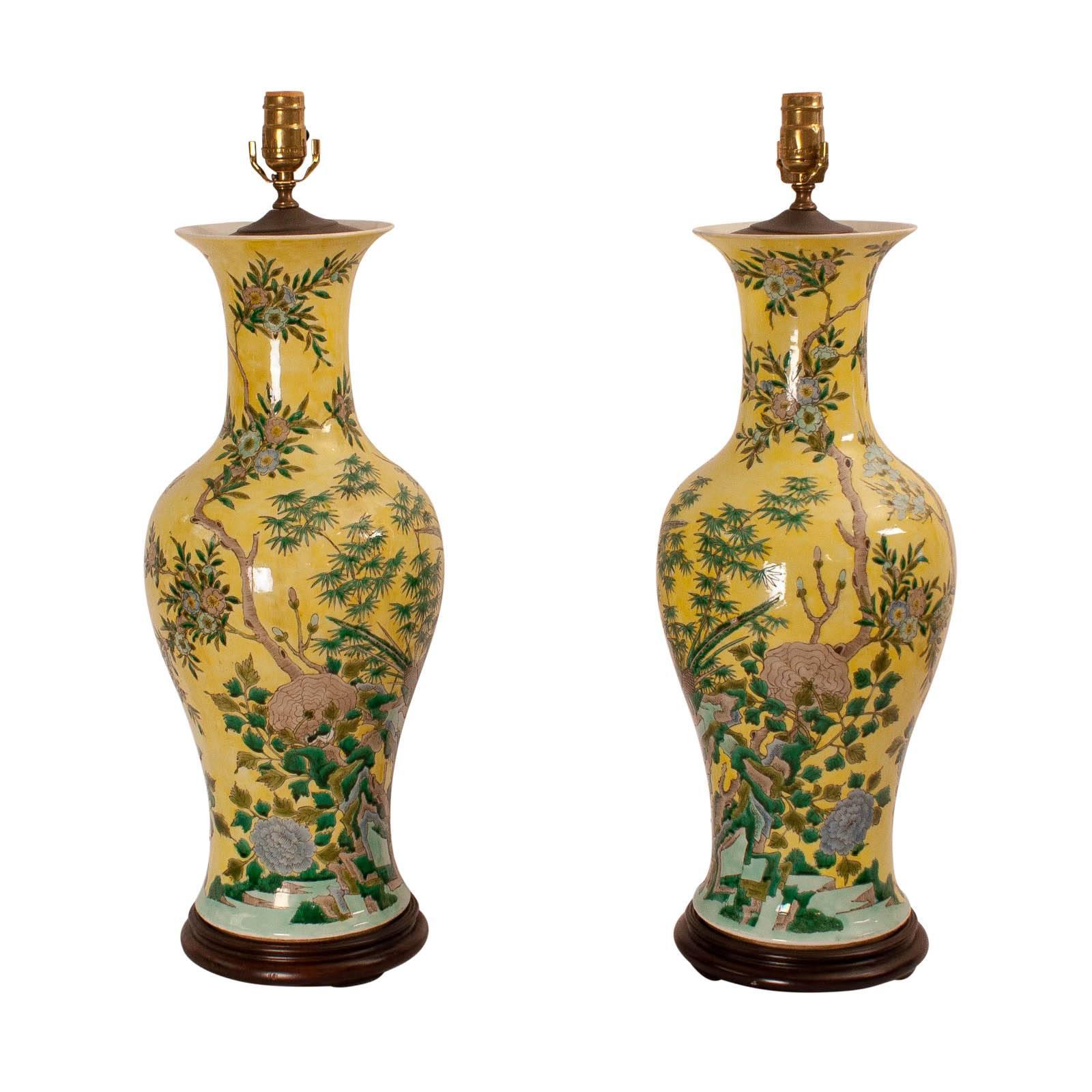 Chinese Pair of Yellow Ground Lamps China Republic Period, circa 1915 Now Lamps