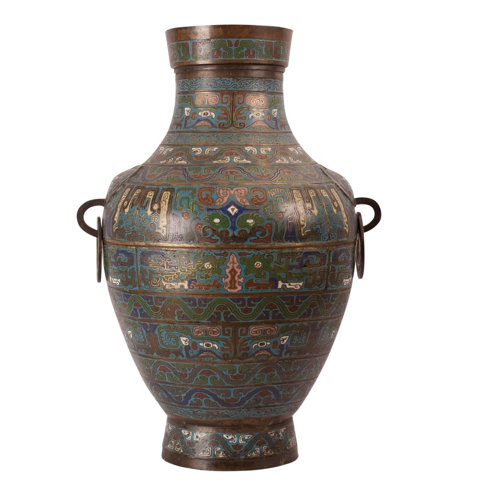 Qing Large Gilt Bronze Champleve Vase, Archaic Style Drilled, Japan, circa 1900 For Sale