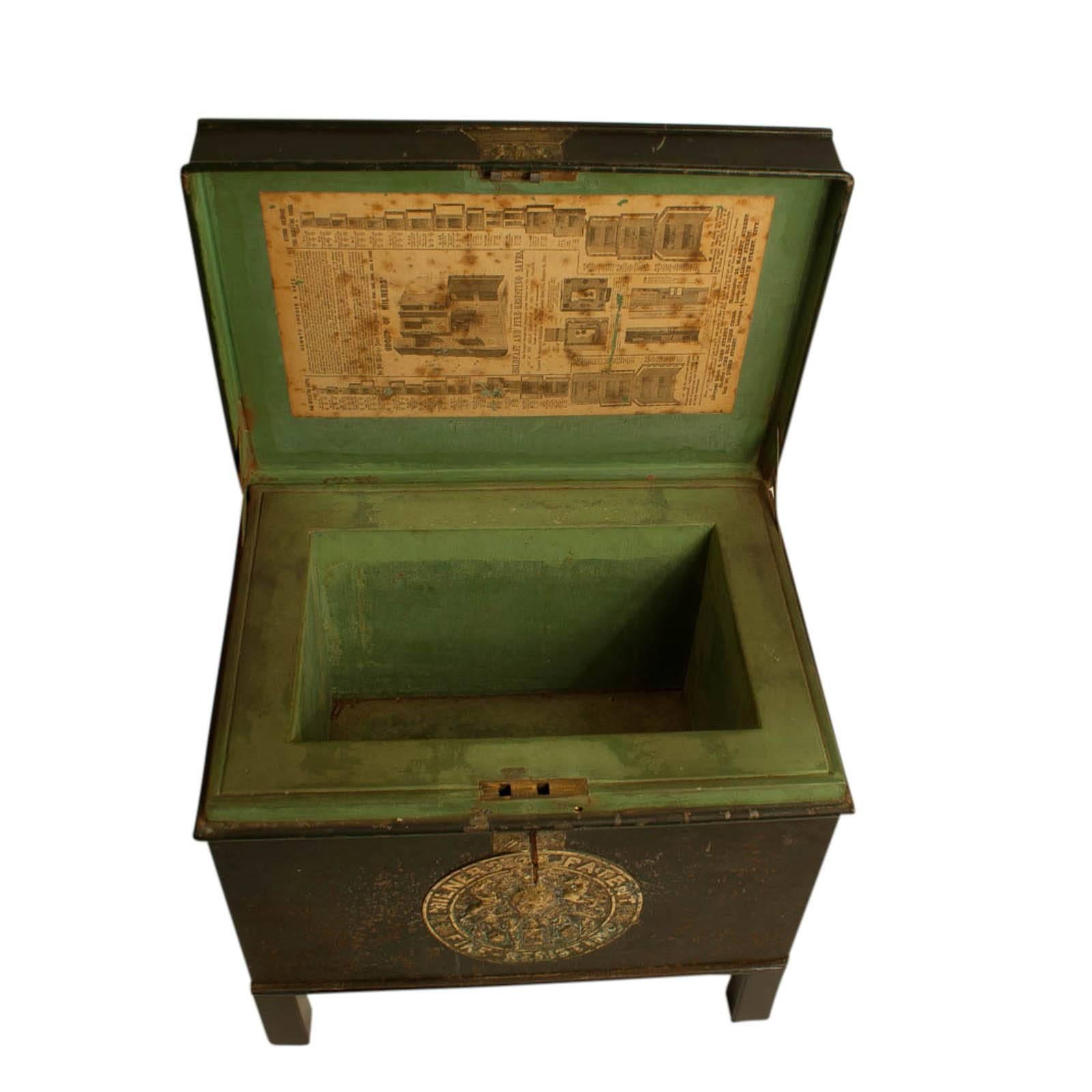 Mid-19th Century English Victorian Metal Fire Safe in Bottle Green circa 1860 with Key