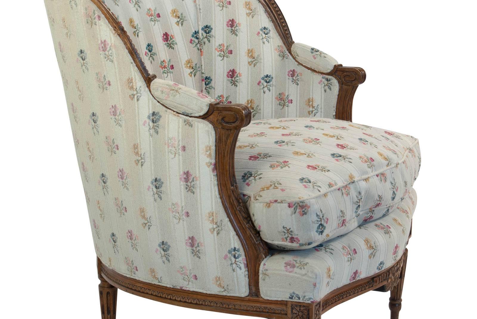 Carved French Fruitwood Louis XVI Style Bergere, circa 1880