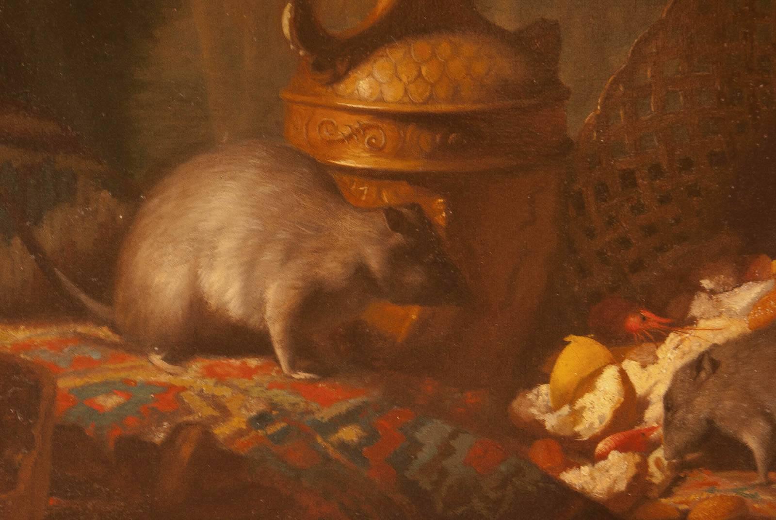 The Diner of Rats oil on canvas signed Armand Manuel and dated 1878. This painting was done in France late in the 19th century. We like the admittedly dark humour and the obvious quality of this painting. An elegantly set table attended by two plump