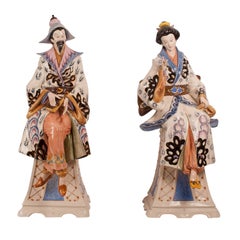 44'" tall Pair of Italian Pottery Chinoiserie Figures, circa 1950