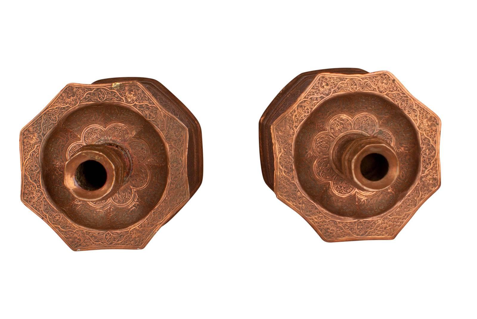 Turkish Large Pair of Ottoman Engraved Copper Candlesticks, circa 1830