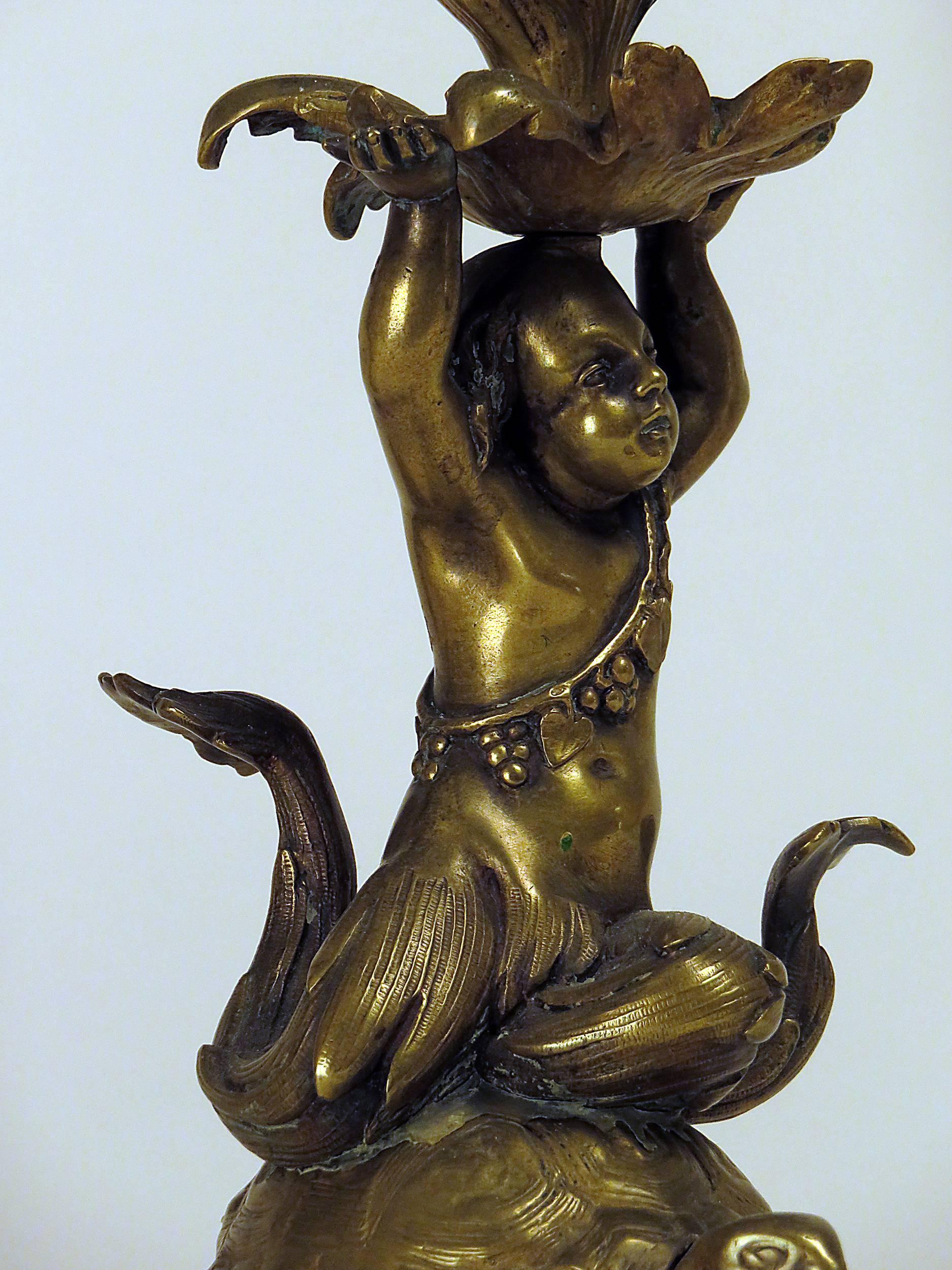 Louis Philippe Rare Pair of French Bronze Candlesticks of a Sea Nymph Riding a Turtle, 1840