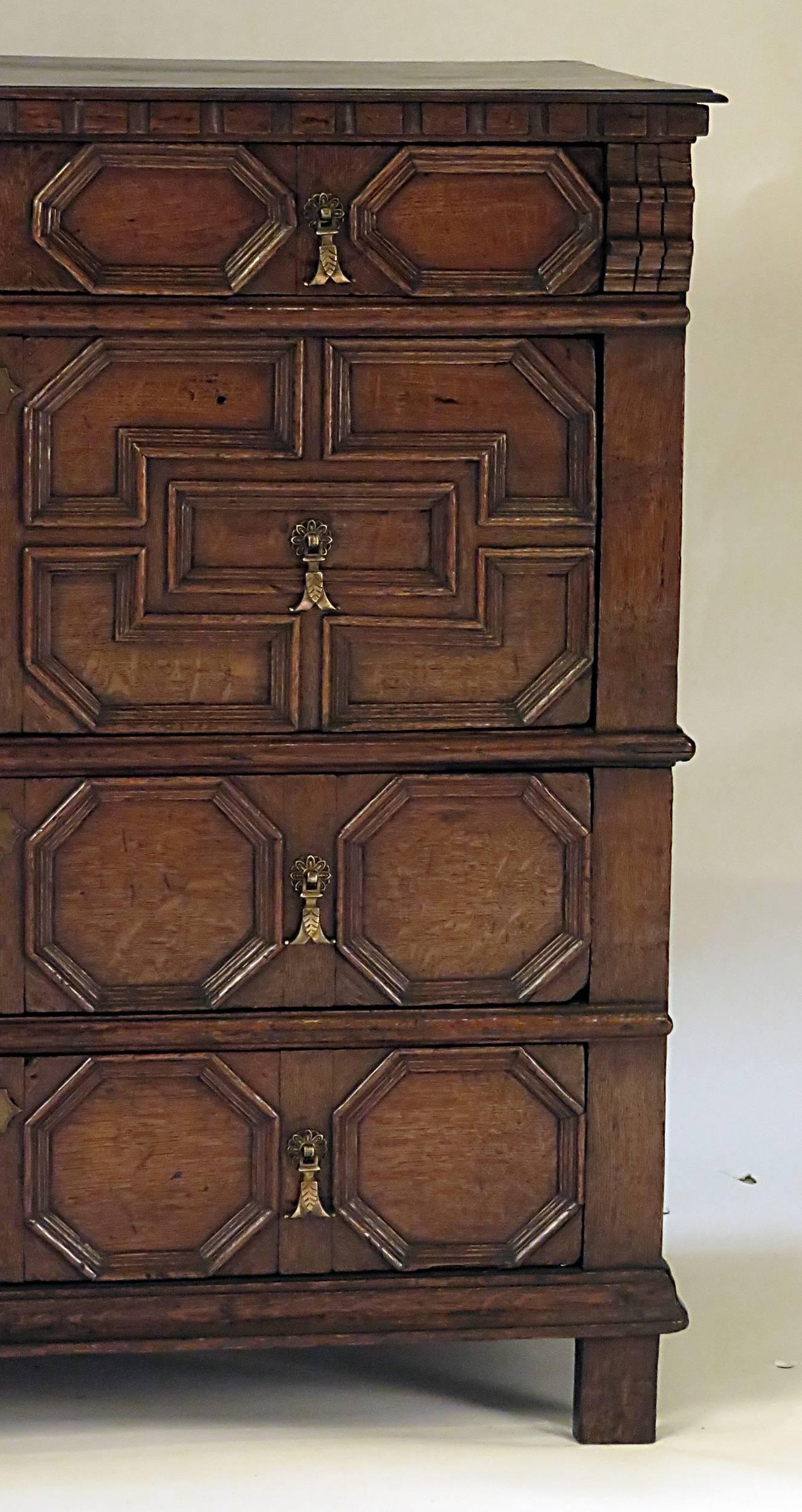 A well proportioned Charles II oak paneled chest with nice color and good overall condition. This is a larger example with well executed paneling. A classic at home in a contemporary or traditional interior. The nice thing about these oak pieces is