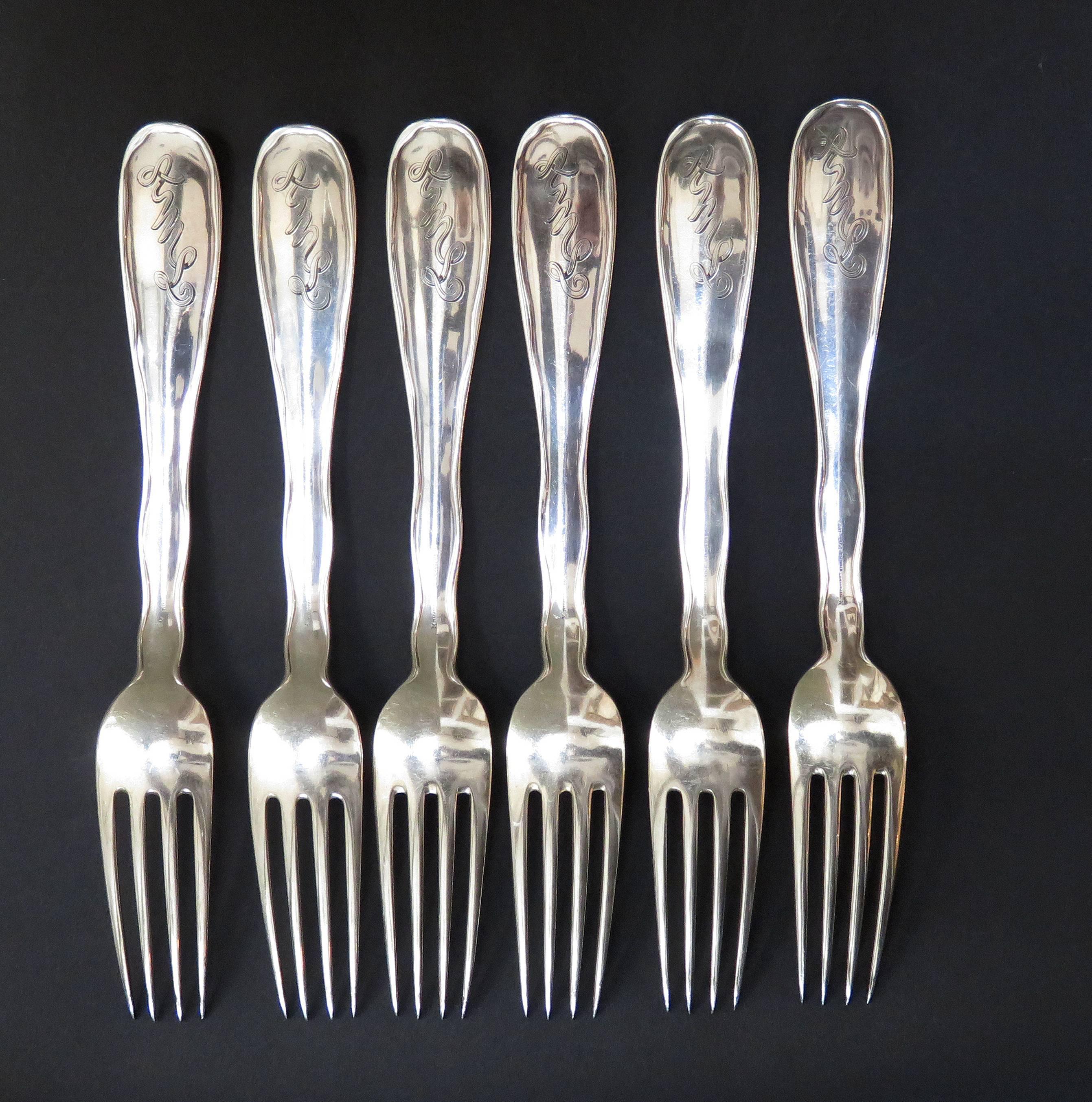 19th Century Tiffany & Company Lap over Edge Acid Etched Dinner Forks, circa 1880 For Sale