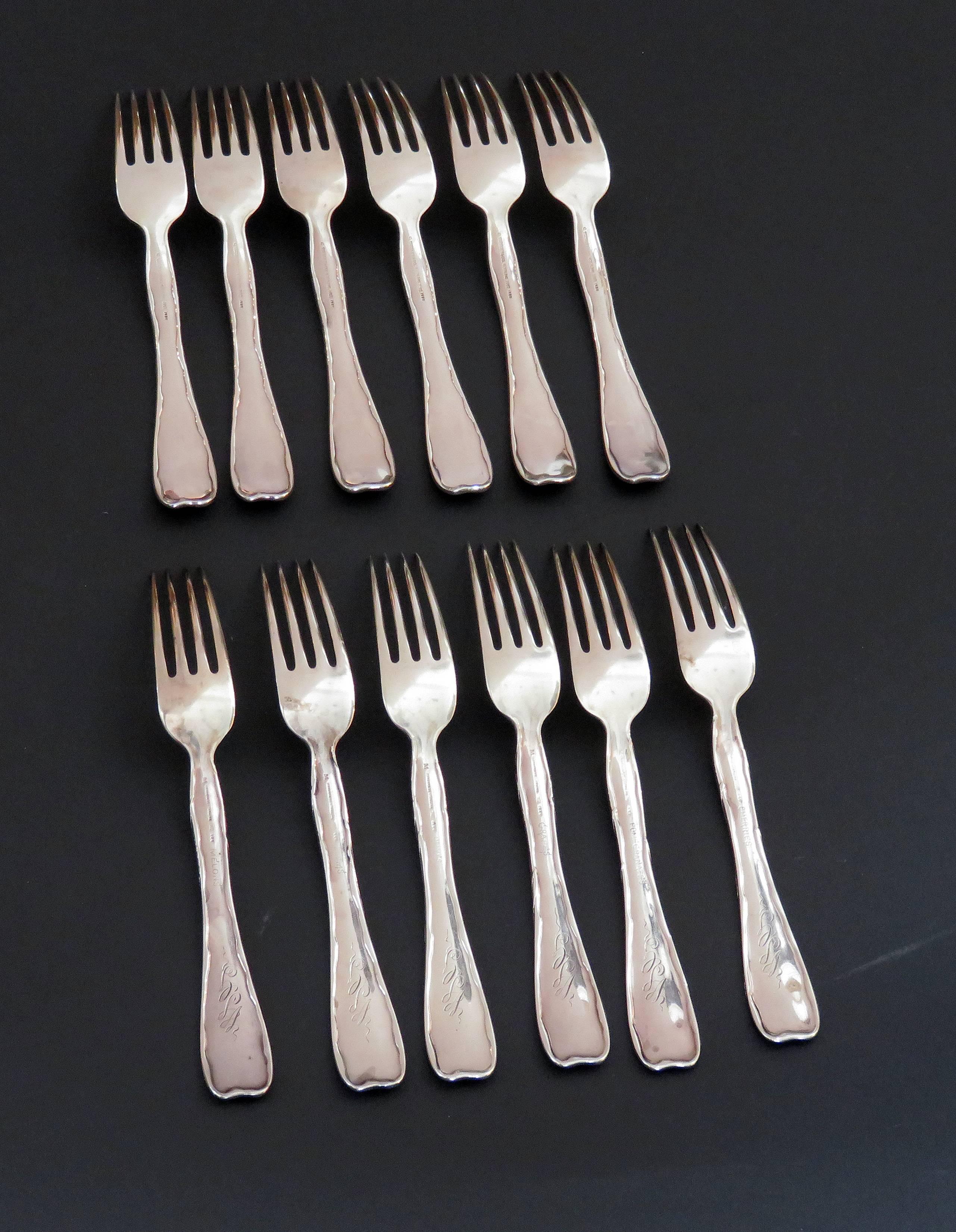 American Tiffany & Co. Lap over Edge Acid Etched Lunch Forks, circa 1880 For Sale