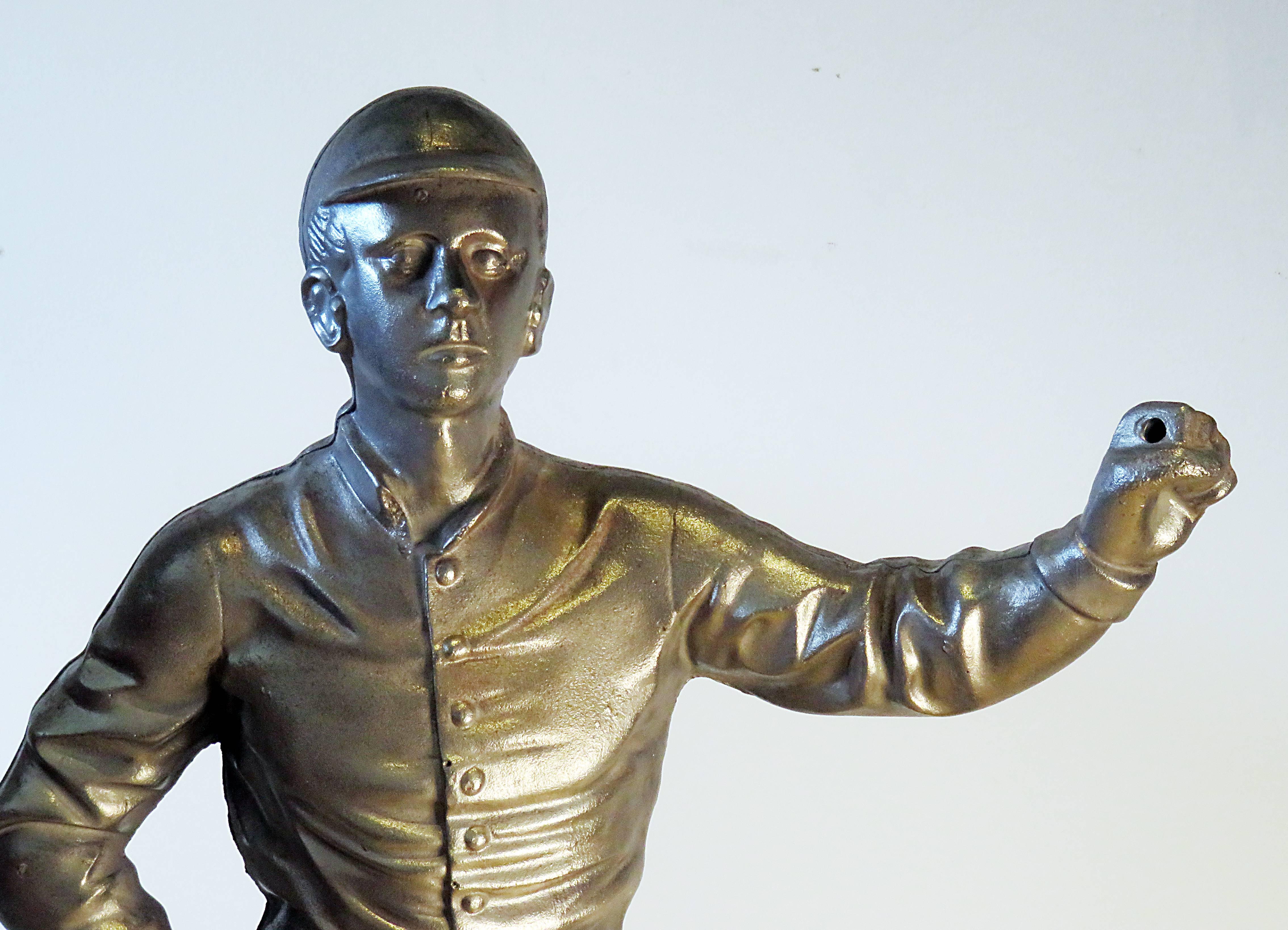 We found this Jockey in San Francisco. Restored and repainted at least once we thought it might be interesting to have the Jockey brushed back to steel. We uncovered some repairs to legs done a while ago. We date this to about 1920 and given his age