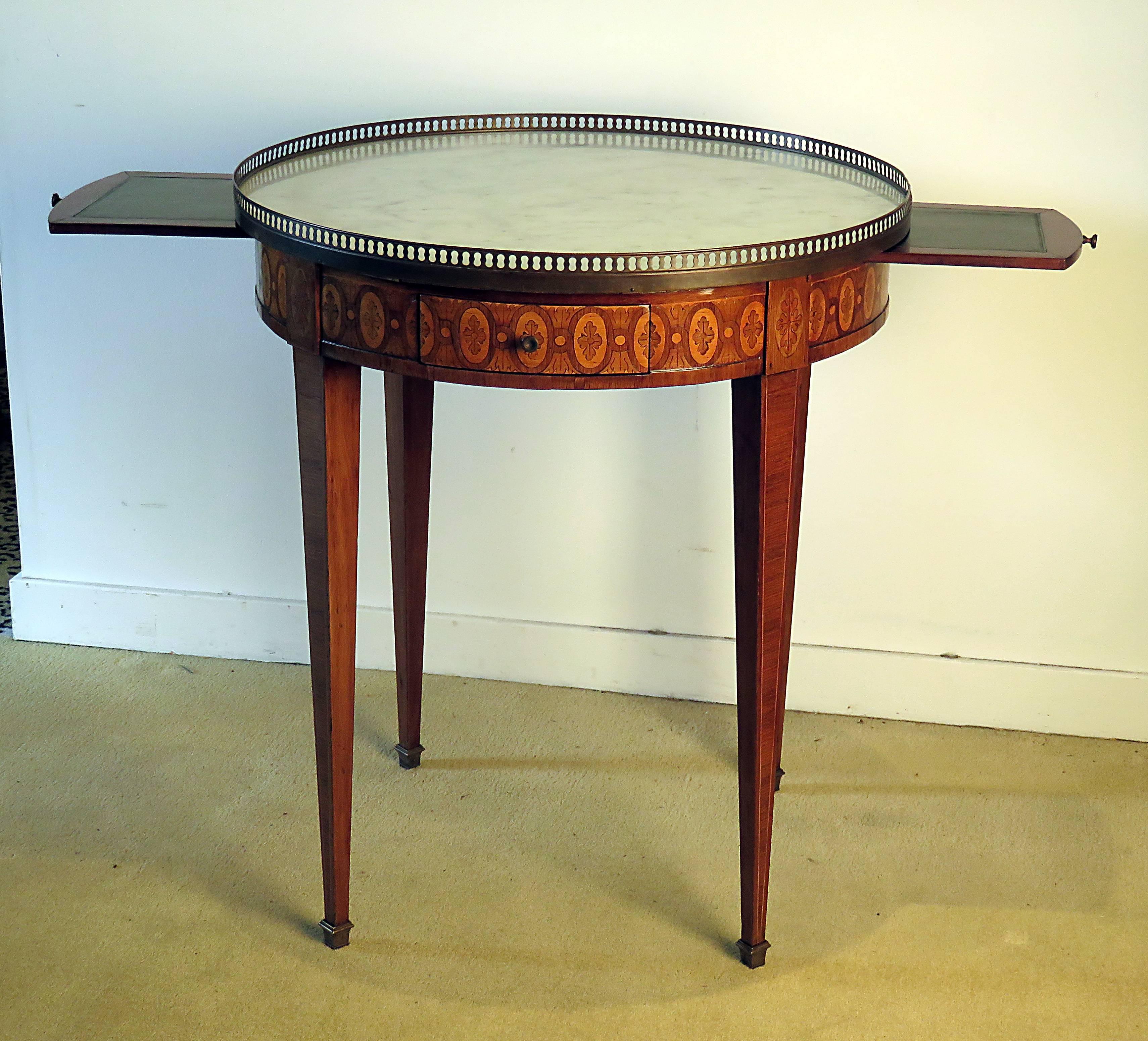 French Louis XVI Style Bouilotte or Gueridon with Marble, Inlay and Brass In Good Condition In San Francisco, CA