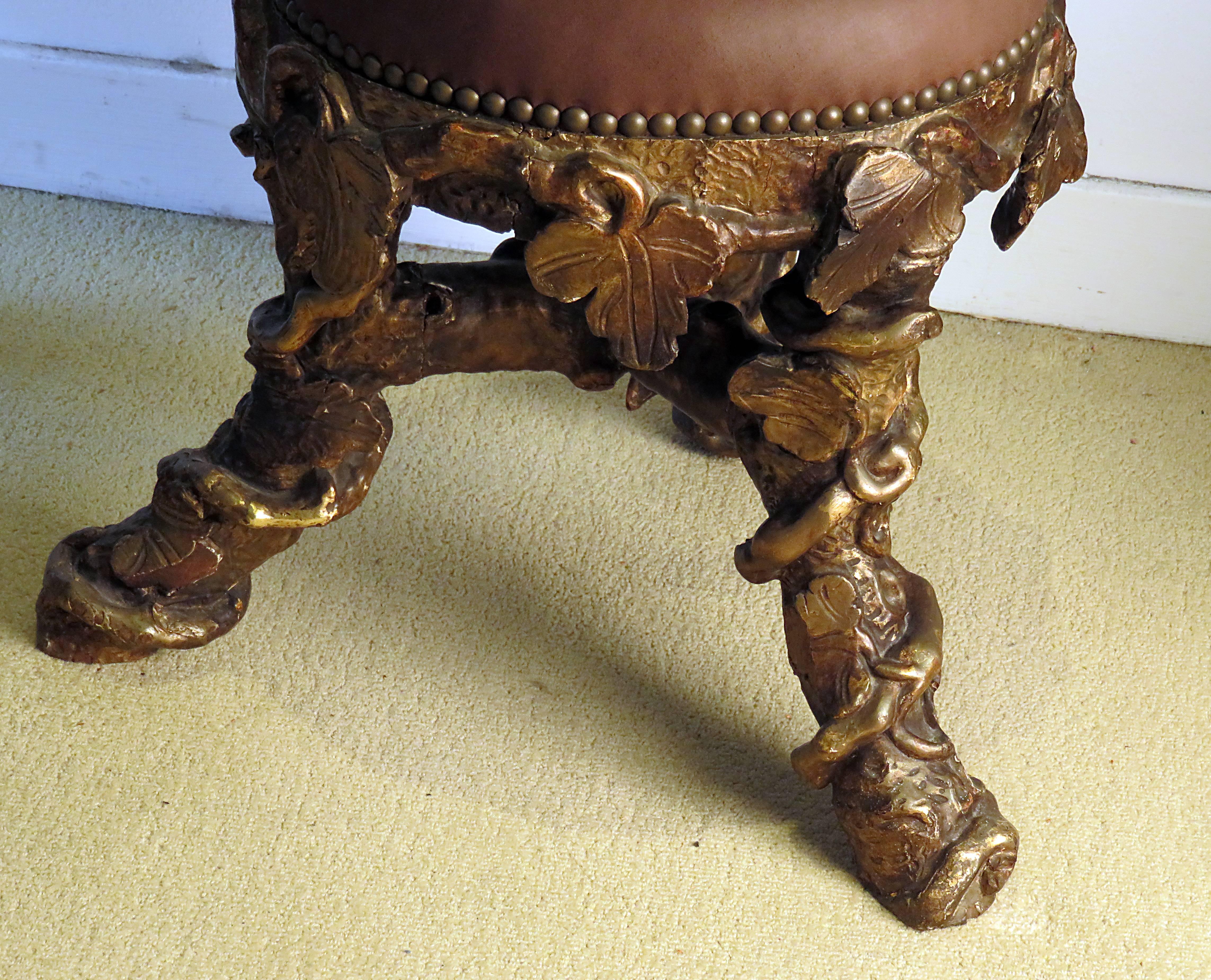 Baroque Pair of Italian Giltwood Grotto Stools Upholstered in Leather, circa 1870
