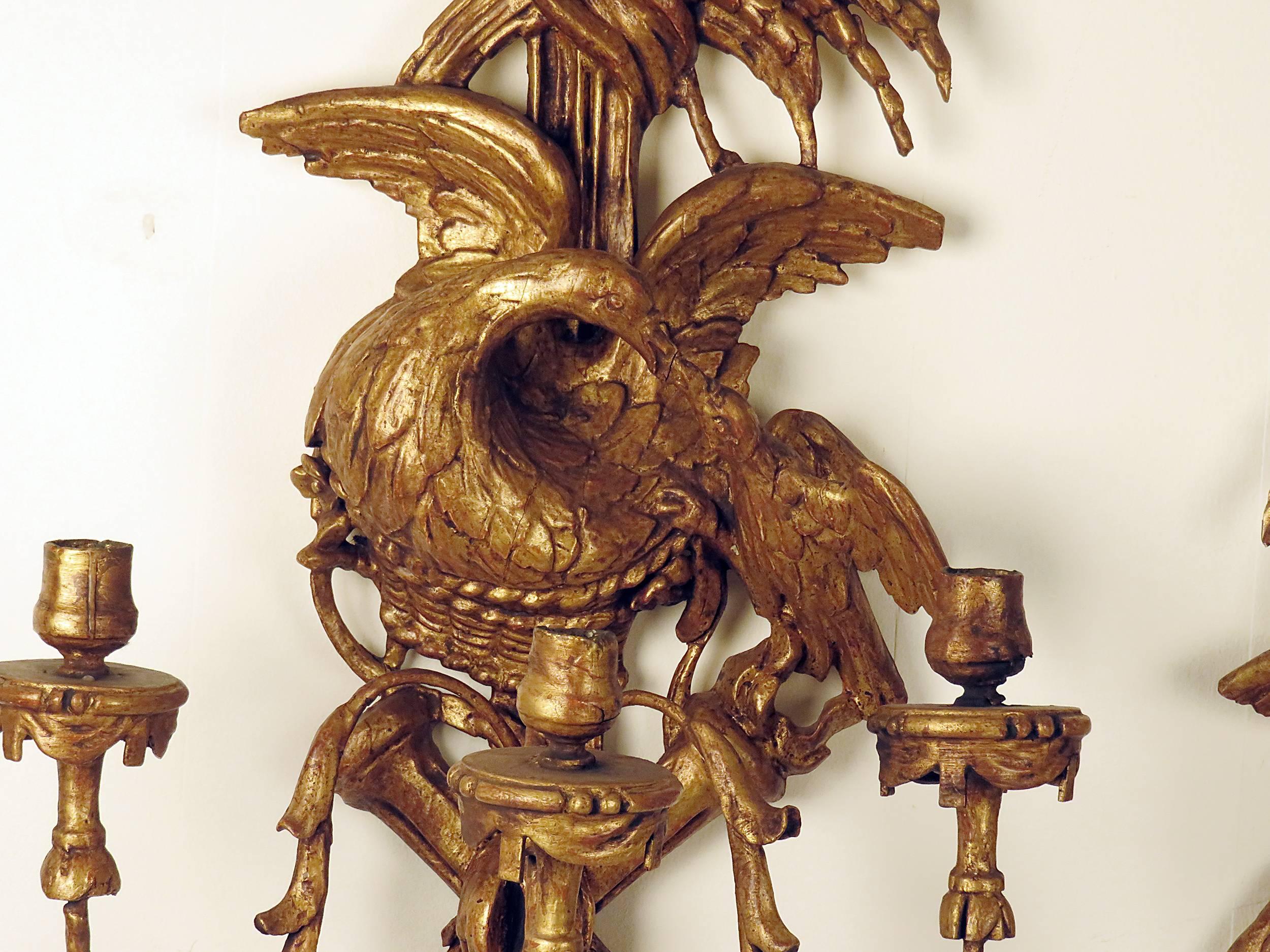 Rococo Pair of George III Style Giltwood Three Sconces in the Georgian Style circa 1880