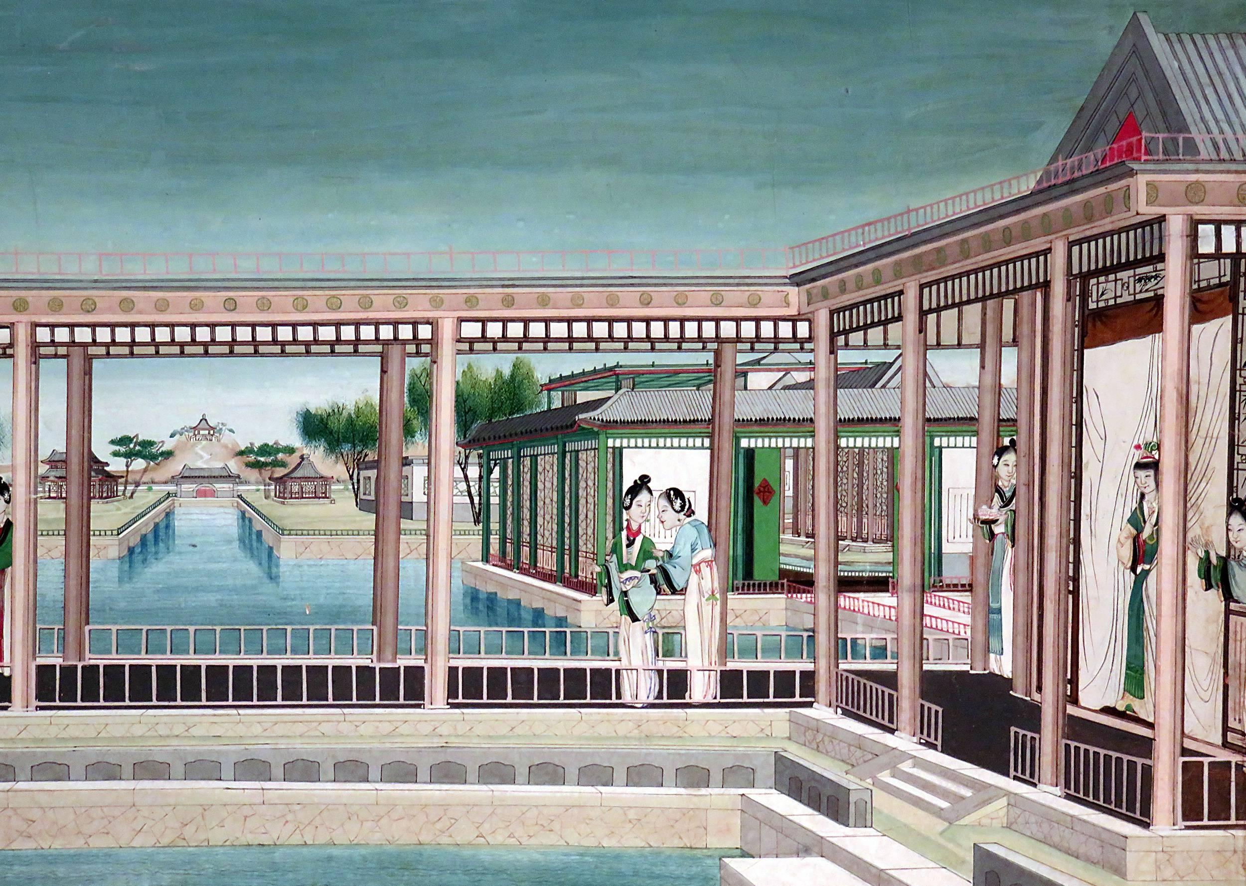 A very nicely painted scene depicting a group of beauties and a male in a palace setting on the water. Pleasing and decorative subject symmetrical beyond belief. We date this to the end of the Ching dynasty and imagine it is a piece made for export.