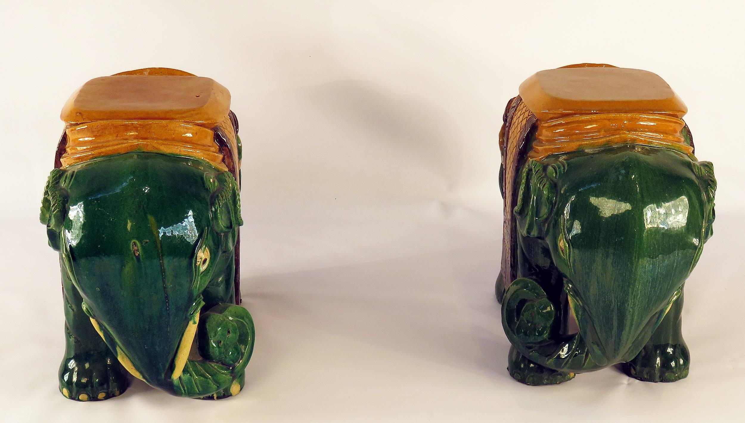 Chinese Ching Dynasty Style Green Glazed Elephant Garden Seats, circa 1930s