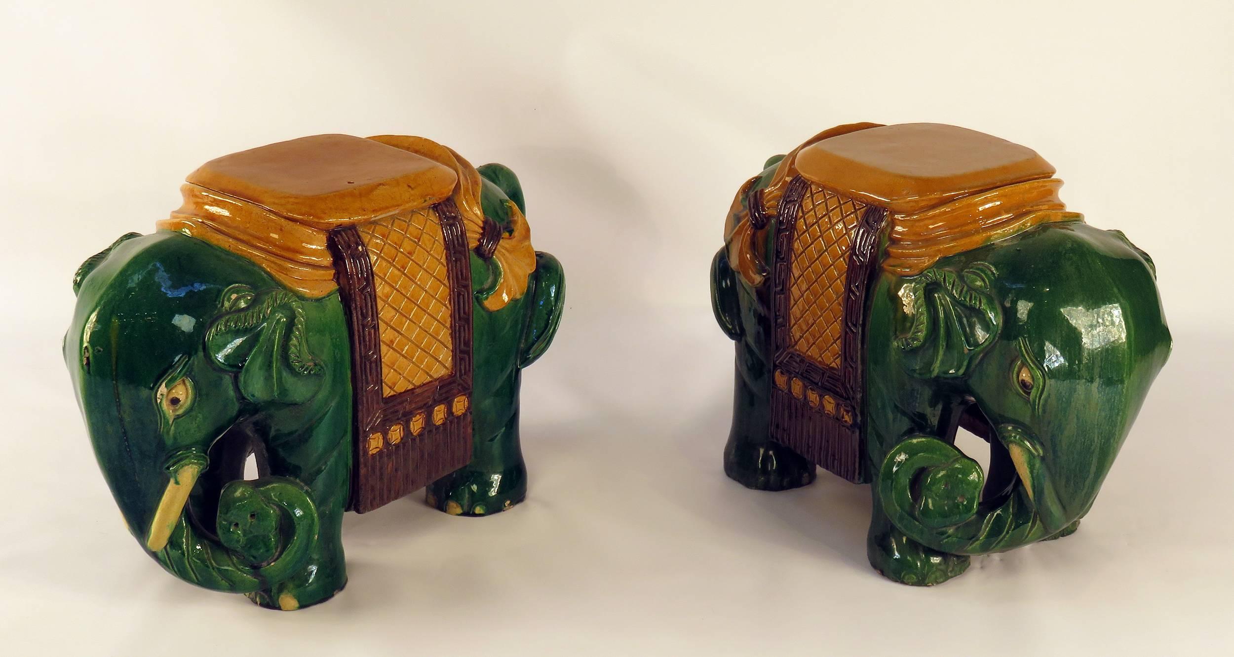 Ching Dynasty Style Green Glazed Elephant Garden Seats, circa 1930s In Good Condition In San Francisco, CA