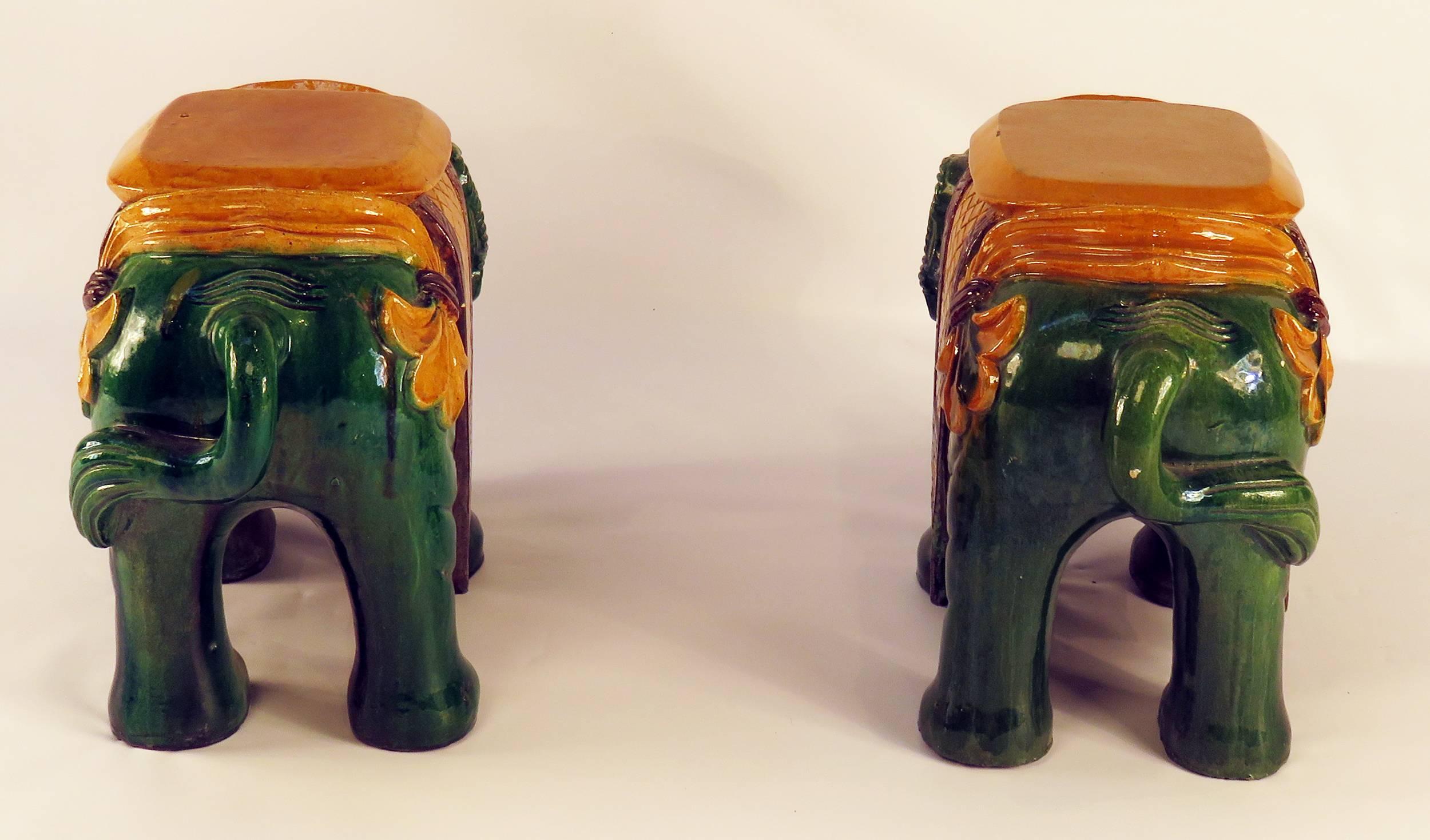 Pottery Ching Dynasty Style Green Glazed Elephant Garden Seats, circa 1930s
