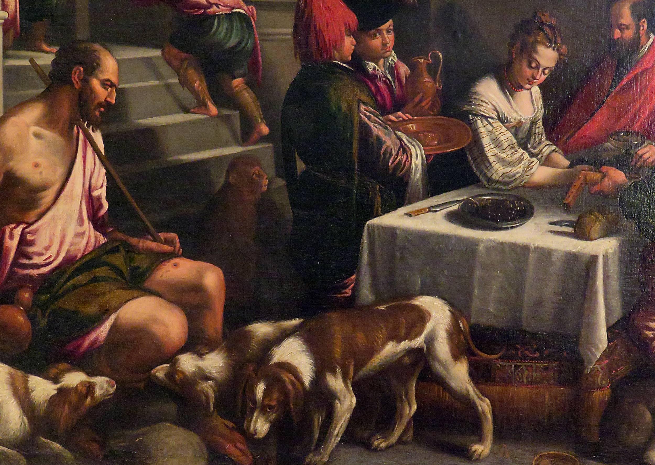 A large and decorative painting of Saint Rocco at a feast. Attributed to Jacopo Bassano part of a family of noted Venetian painters active in the 16th and 17th century. The family workshop produced a large body of works featuring religious subjects