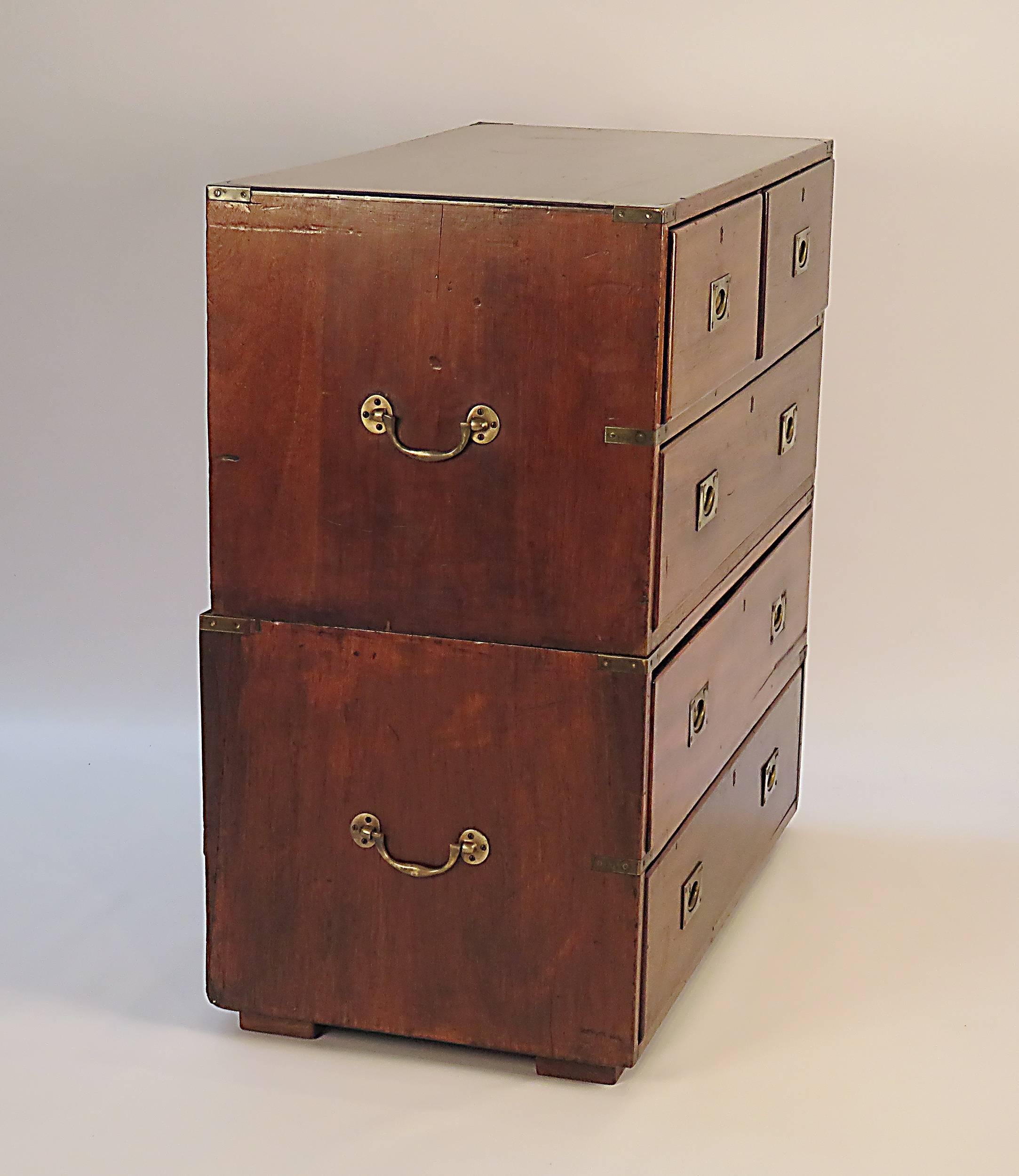 A good Indian colonial period Campaign chest in two sections made, circa 1890. One section on block feet. With inset brass handles. Another nearly identical example being offered separately.