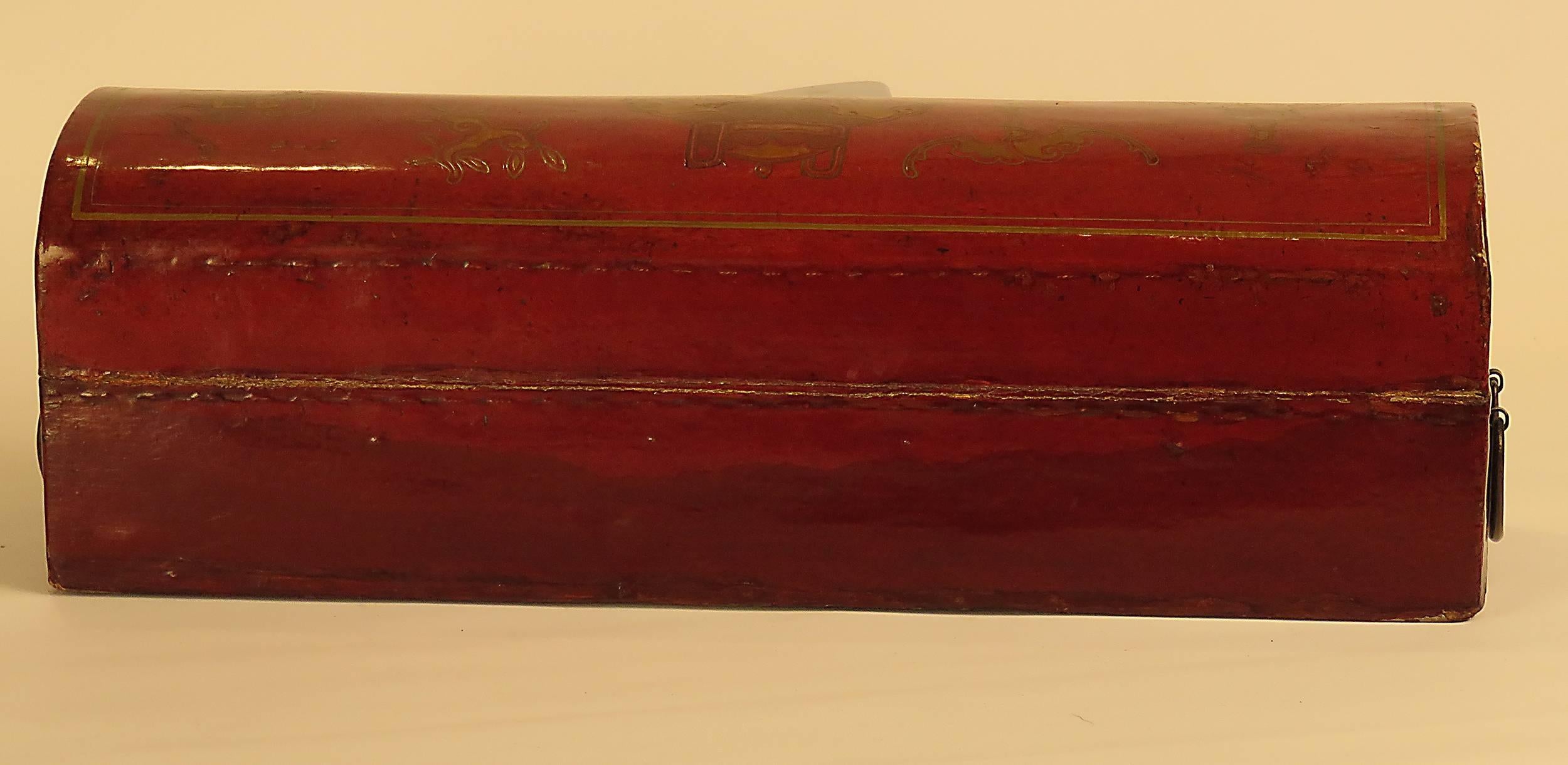19th Century Leather and Red Lacquer Chinese Domed Box, circa 1870