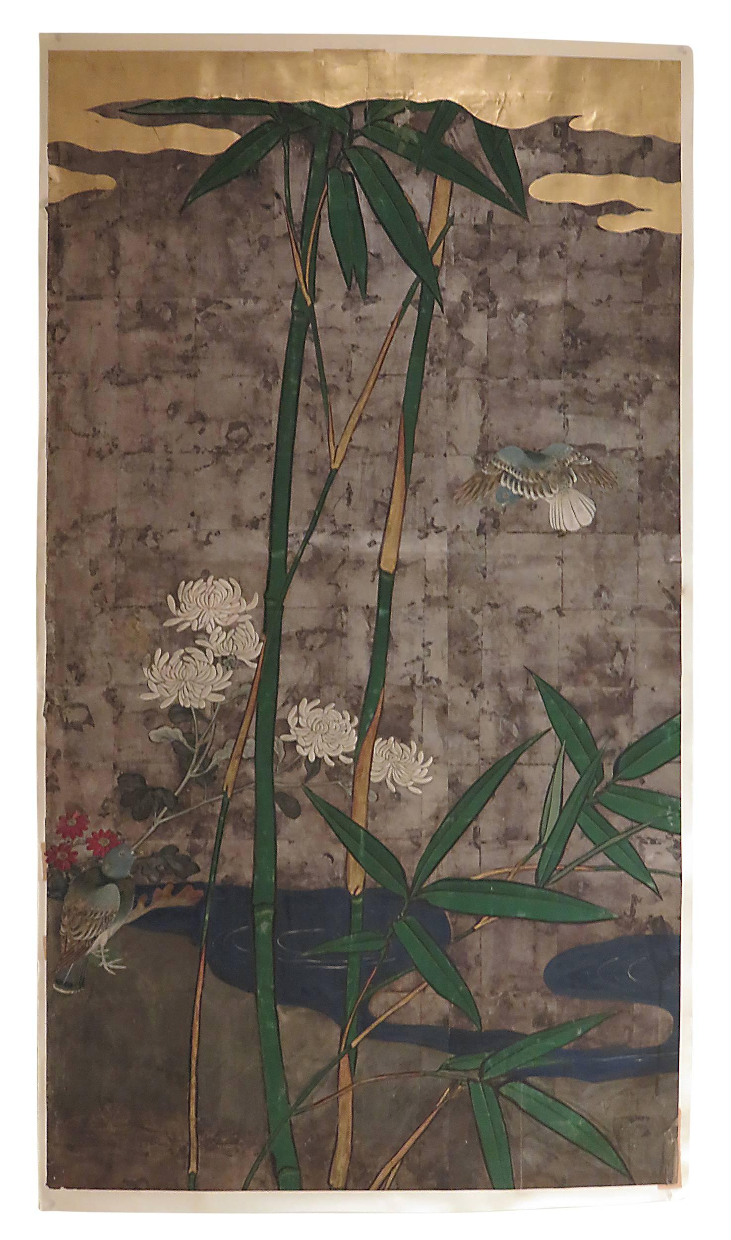 A nice pair of Meiji door panels made during the second half of the 19th century. Conserved and mounted on acid free paper with some restoration. Elegant subject of birds and flowers in a grove with pond. Nicely painted with rich silver leaf square