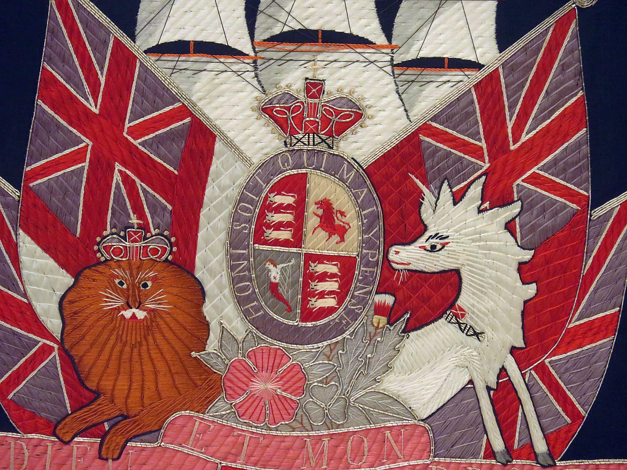Victorian Embroidered British Framed Nautical / Honor, circa 1880