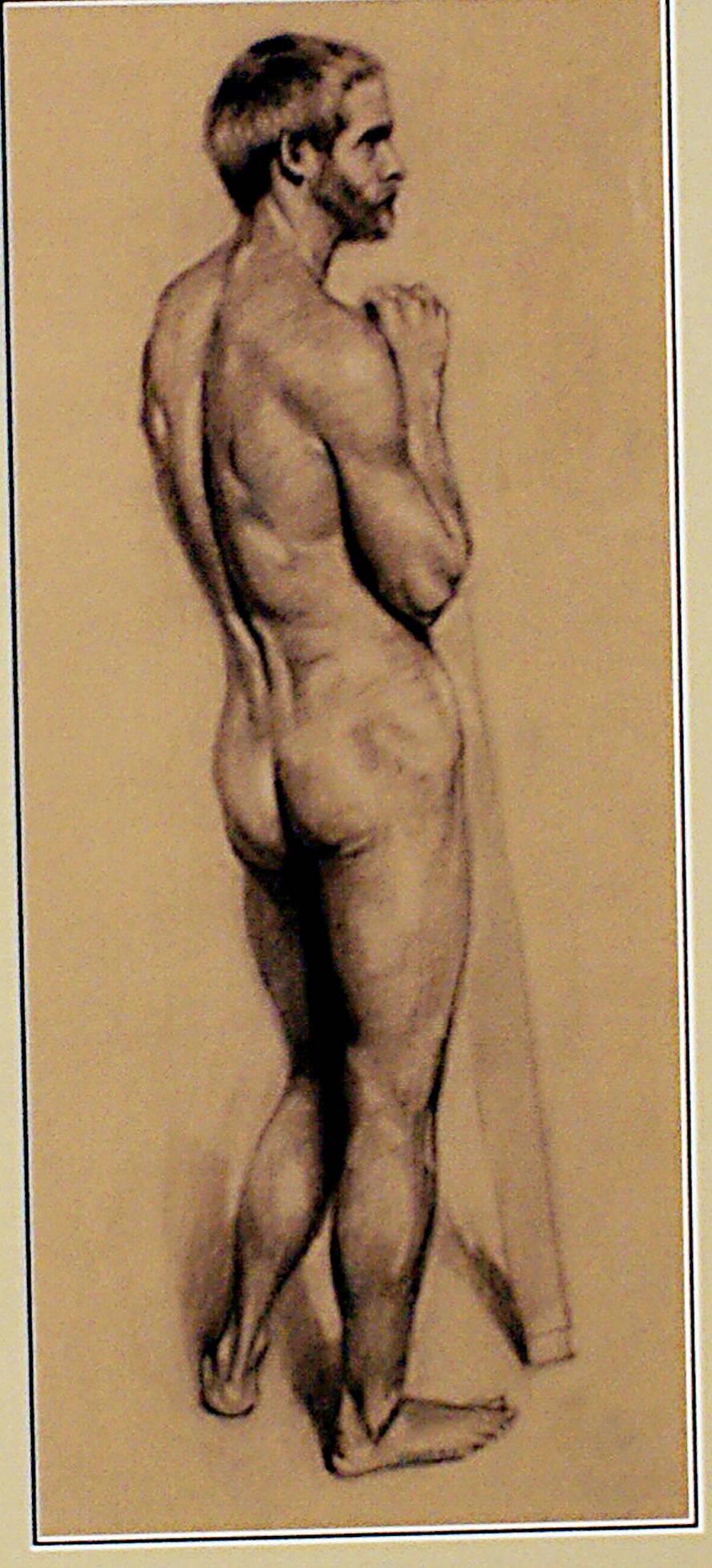 A well done finished drawing of a standing male nude by Gregory Hull. Done in Conte crayon on colored paper.