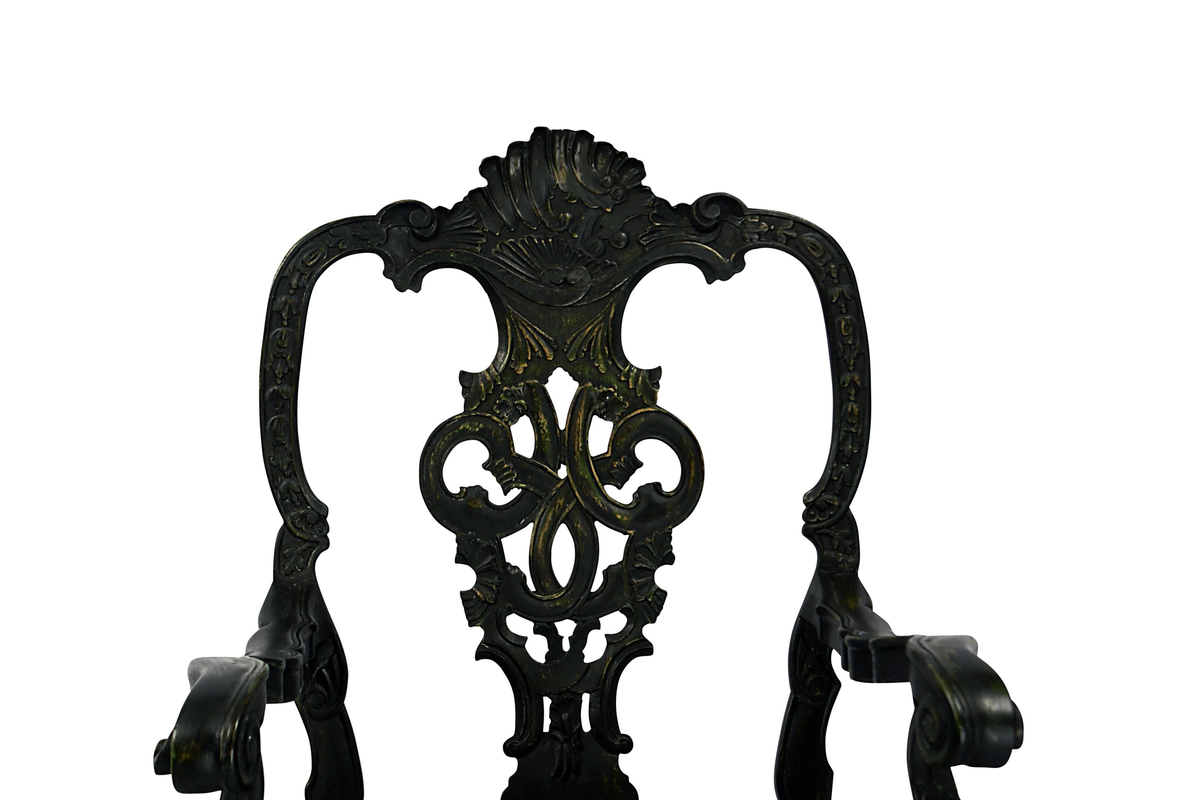 Early 20th Century Portuguese Baroque Revival Bottle Green Painted Armchairs, circa 1900