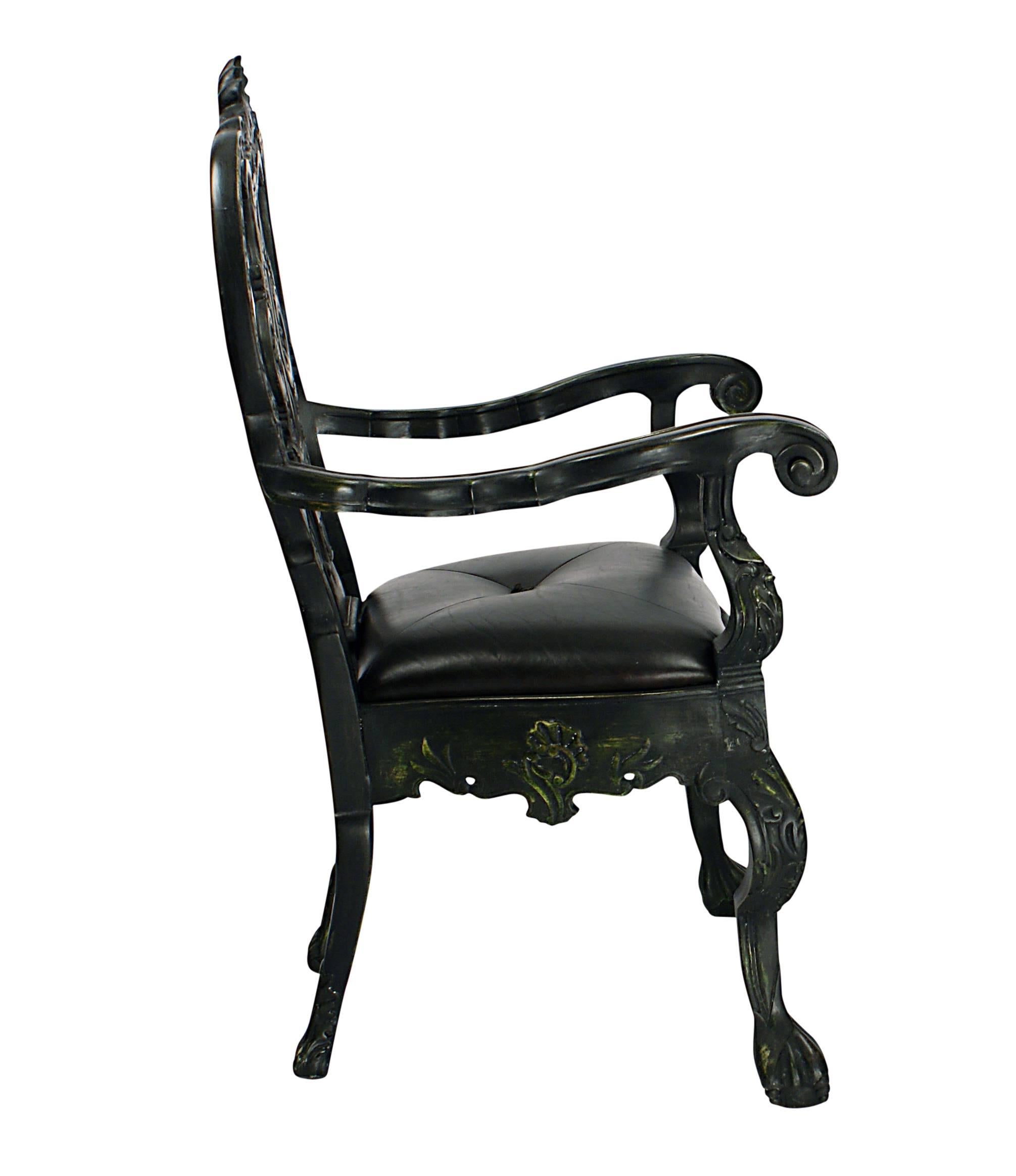 Metal Portuguese Baroque Revival Bottle Green Painted Armchairs, circa 1900
