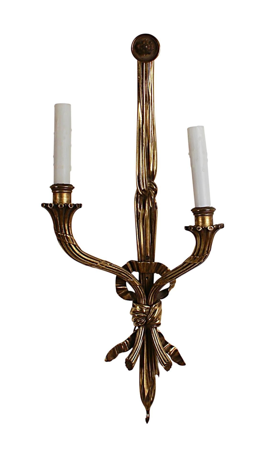 Gold French Louis XVI Style Gilt Bronze Sconces Wired for Lighting, circa 1870