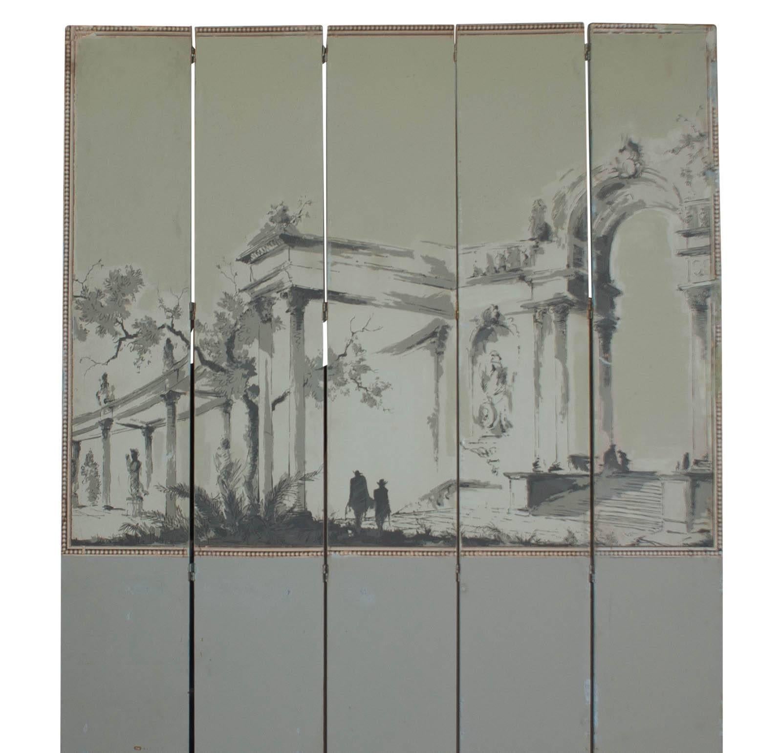 A handsome and large French wallpaper screen in the neoclassical taste, circa 1950.