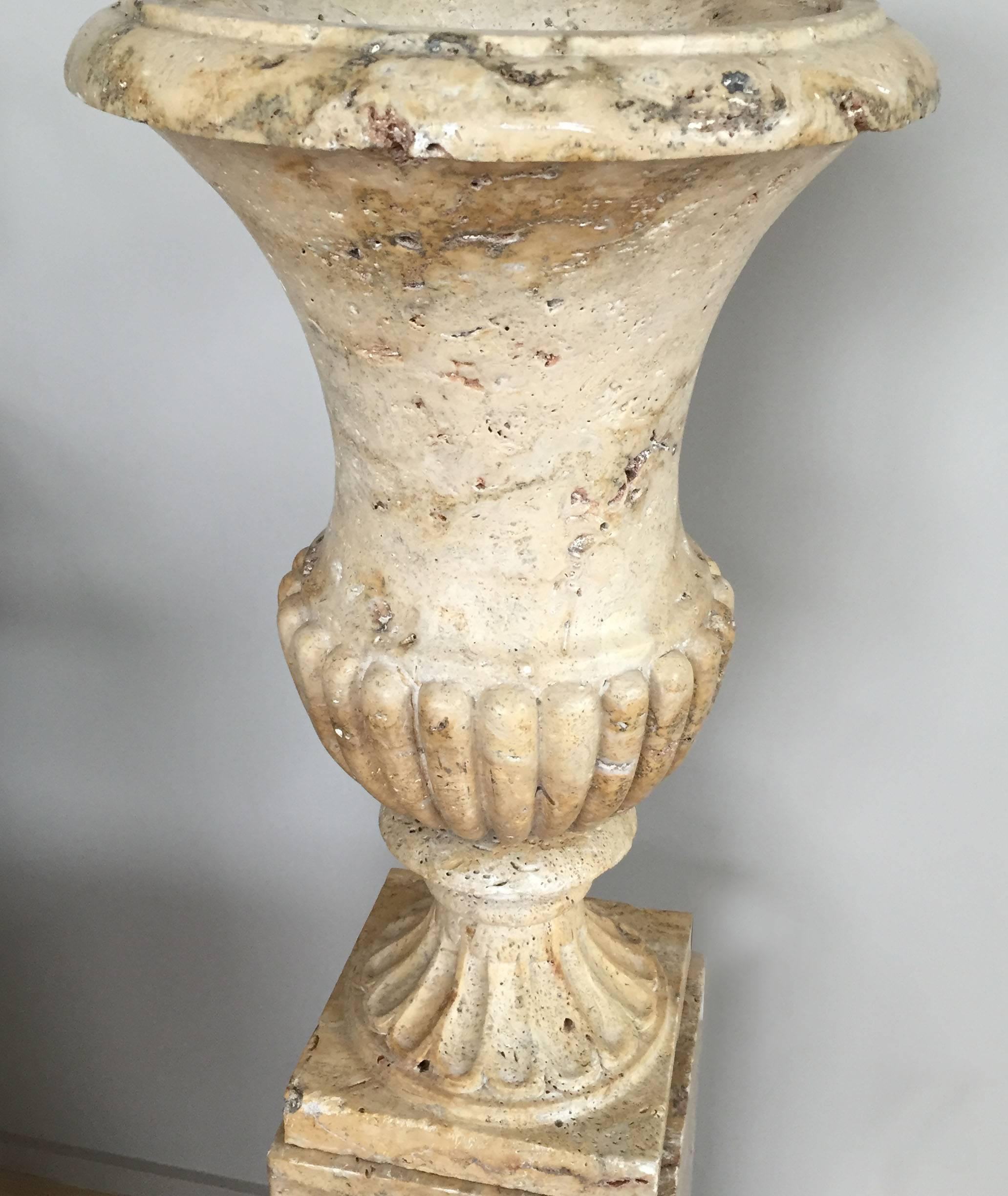 Pair of 19th Century Italian Solid Handcarved Limestone Classic Urns In Good Condition In Larkspur, CA