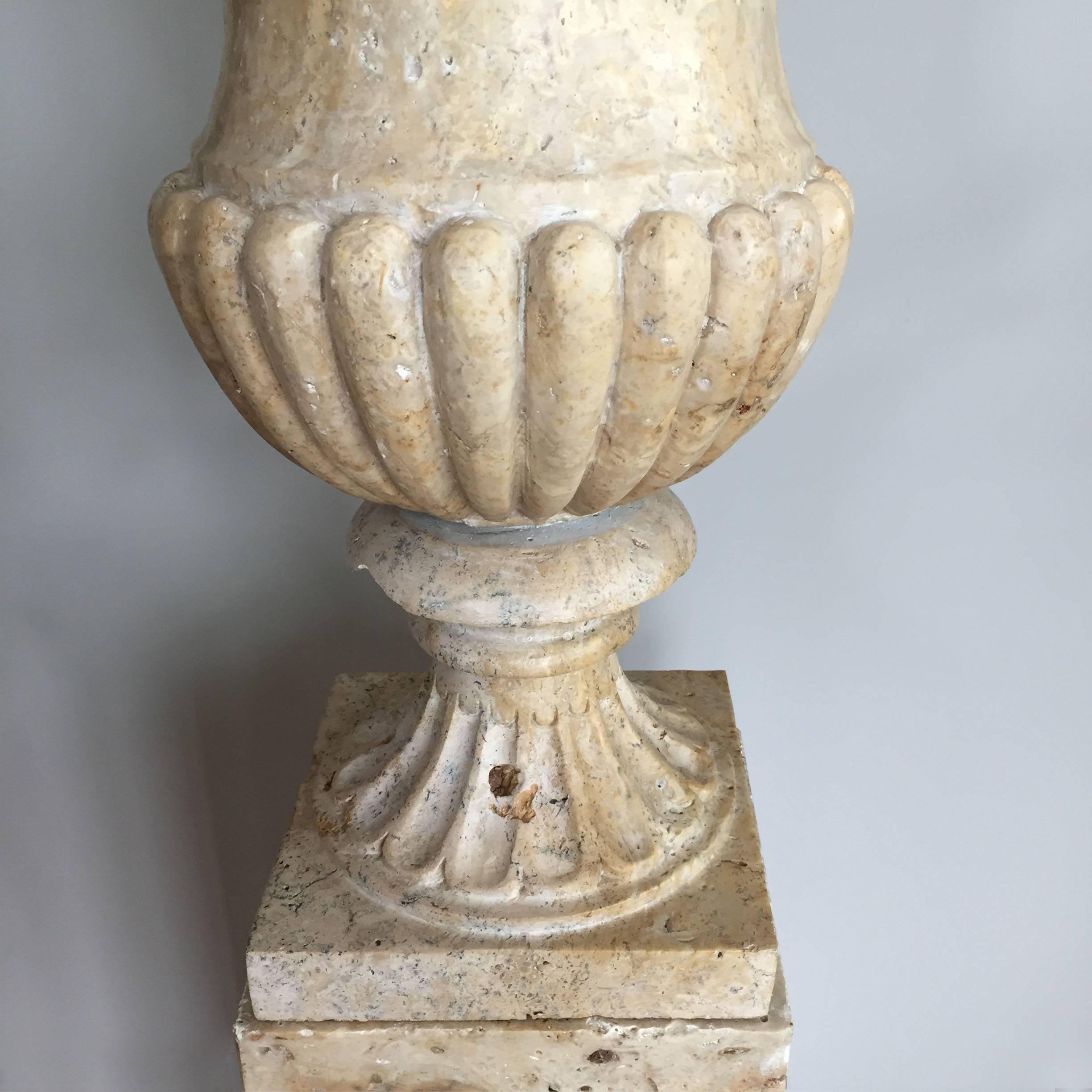 Pair of 19th Century Italian Solid Handcarved Limestone Classic Urns 1