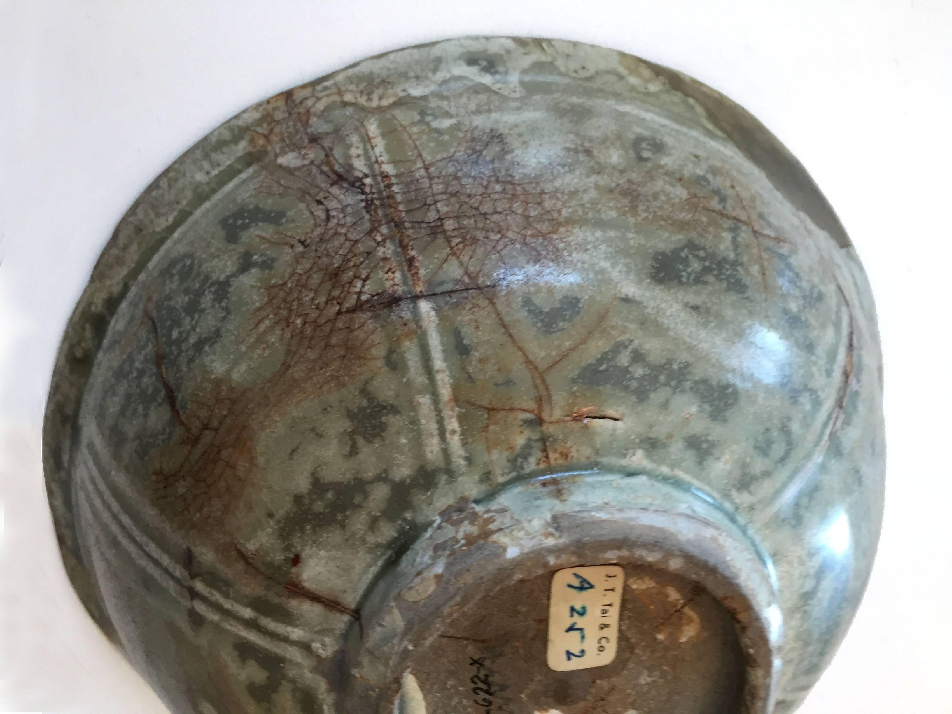 15th Century Handmade and Glazed Celadon Pottery Bowl from Thailand In Fair Condition In Larkspur, CA