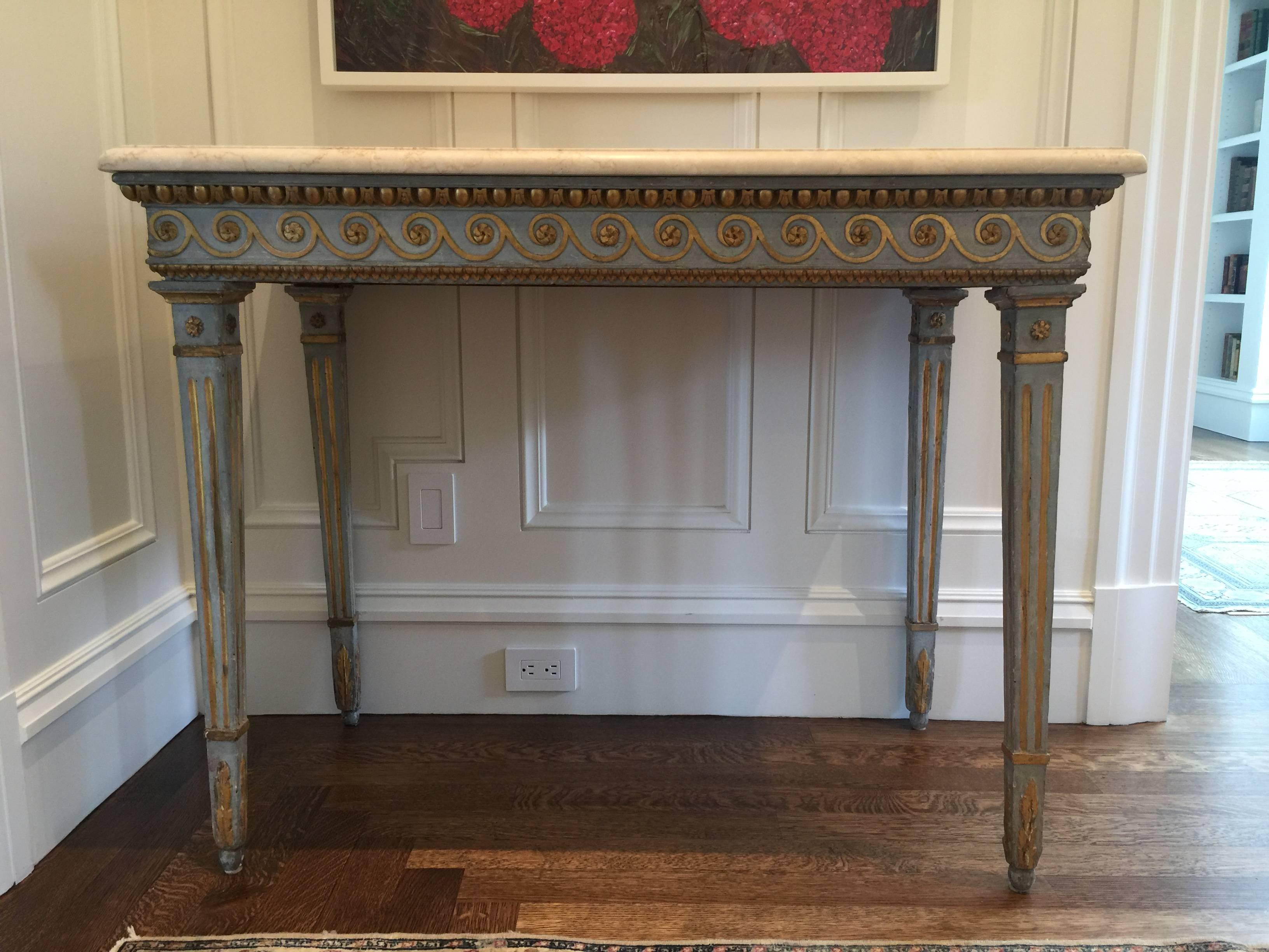 18th century hand-carved polychrome and giltwood Gustavian console table In Good Condition In Larkspur, CA
