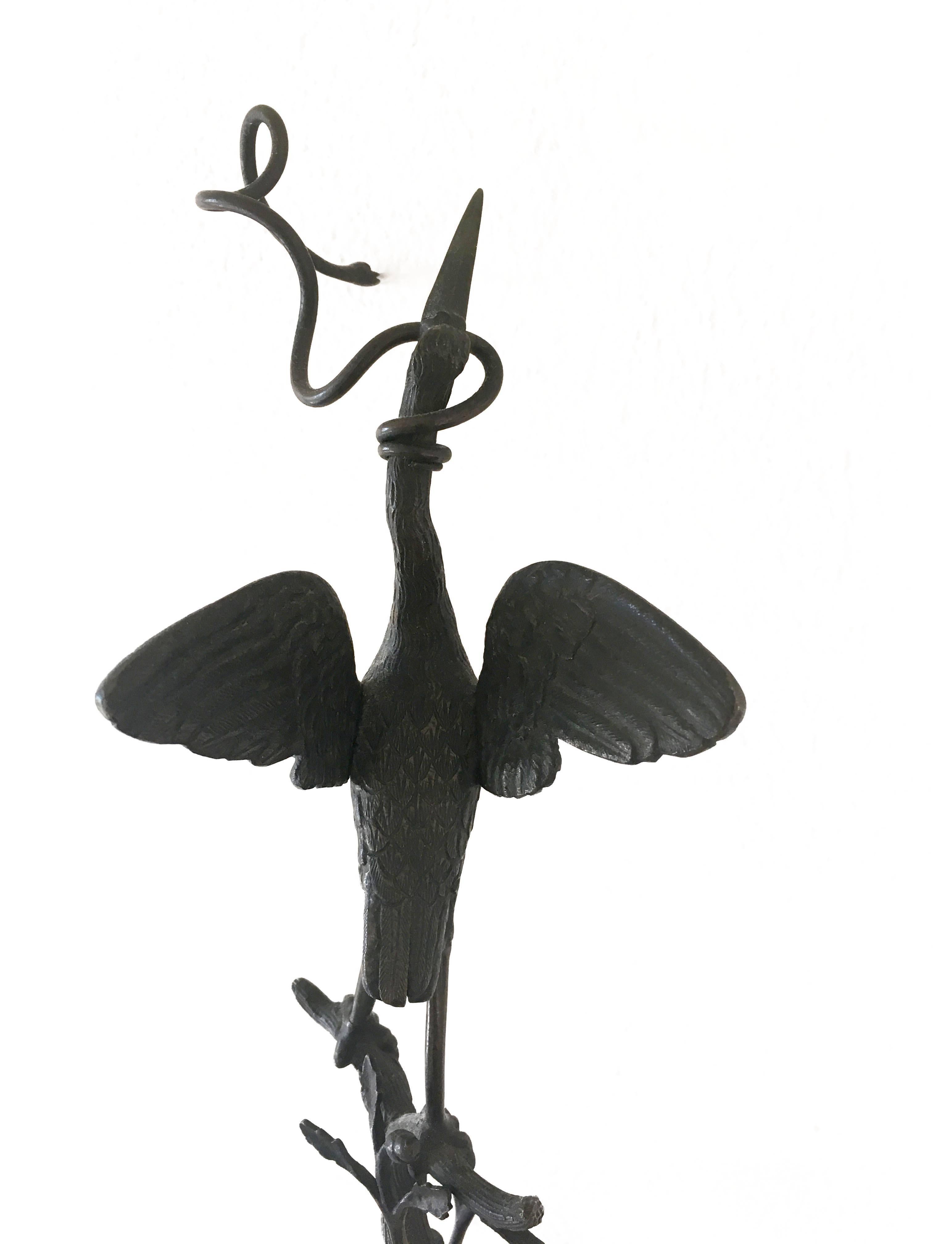 Late 19th Century Sculpture of Footed Bronze Stork In Excellent Condition In Larkspur, CA